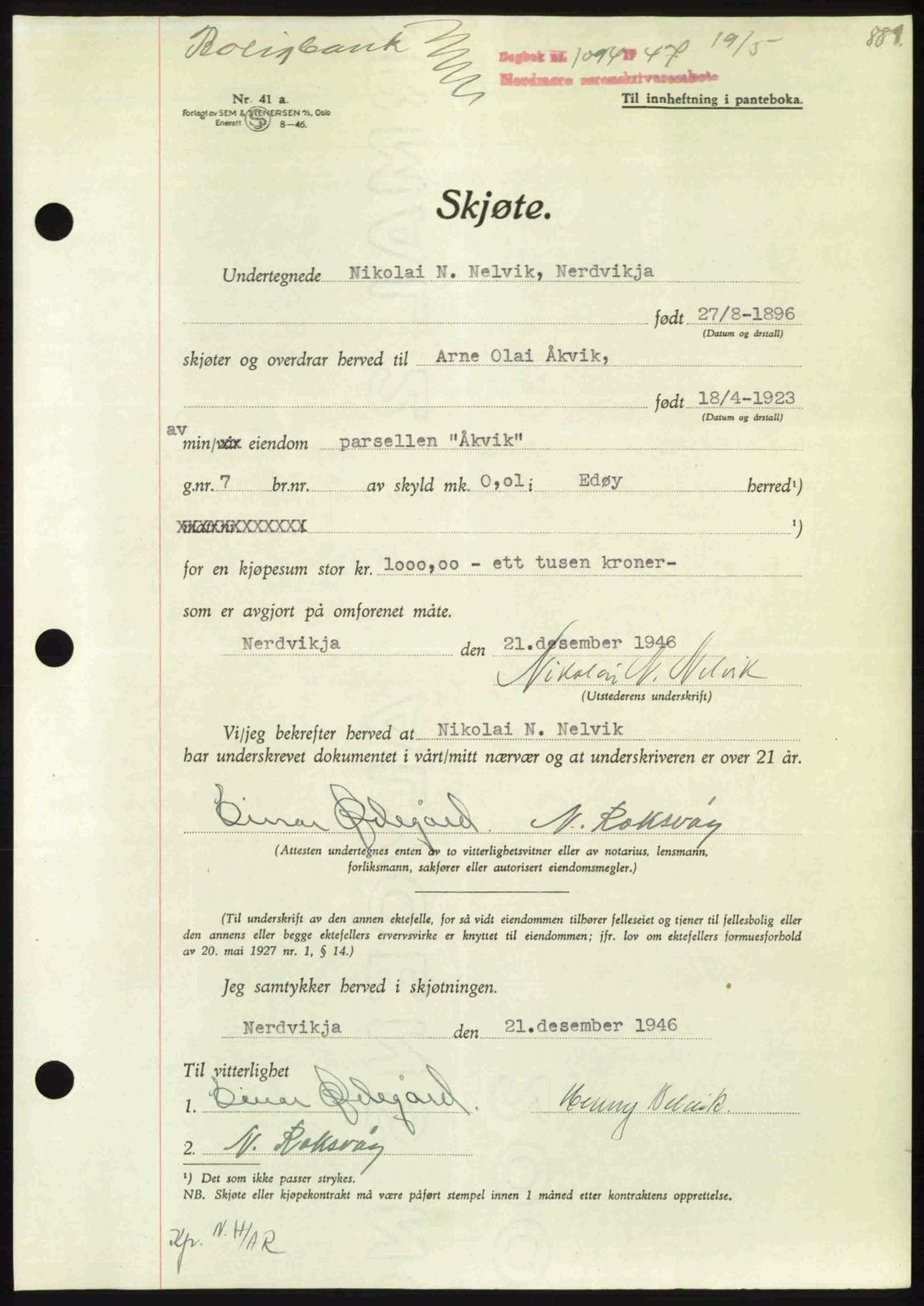 Nordmøre sorenskriveri, AV/SAT-A-4132/1/2/2Ca: Mortgage book no. A104, 1947-1947, Diary no: : 1094/1947