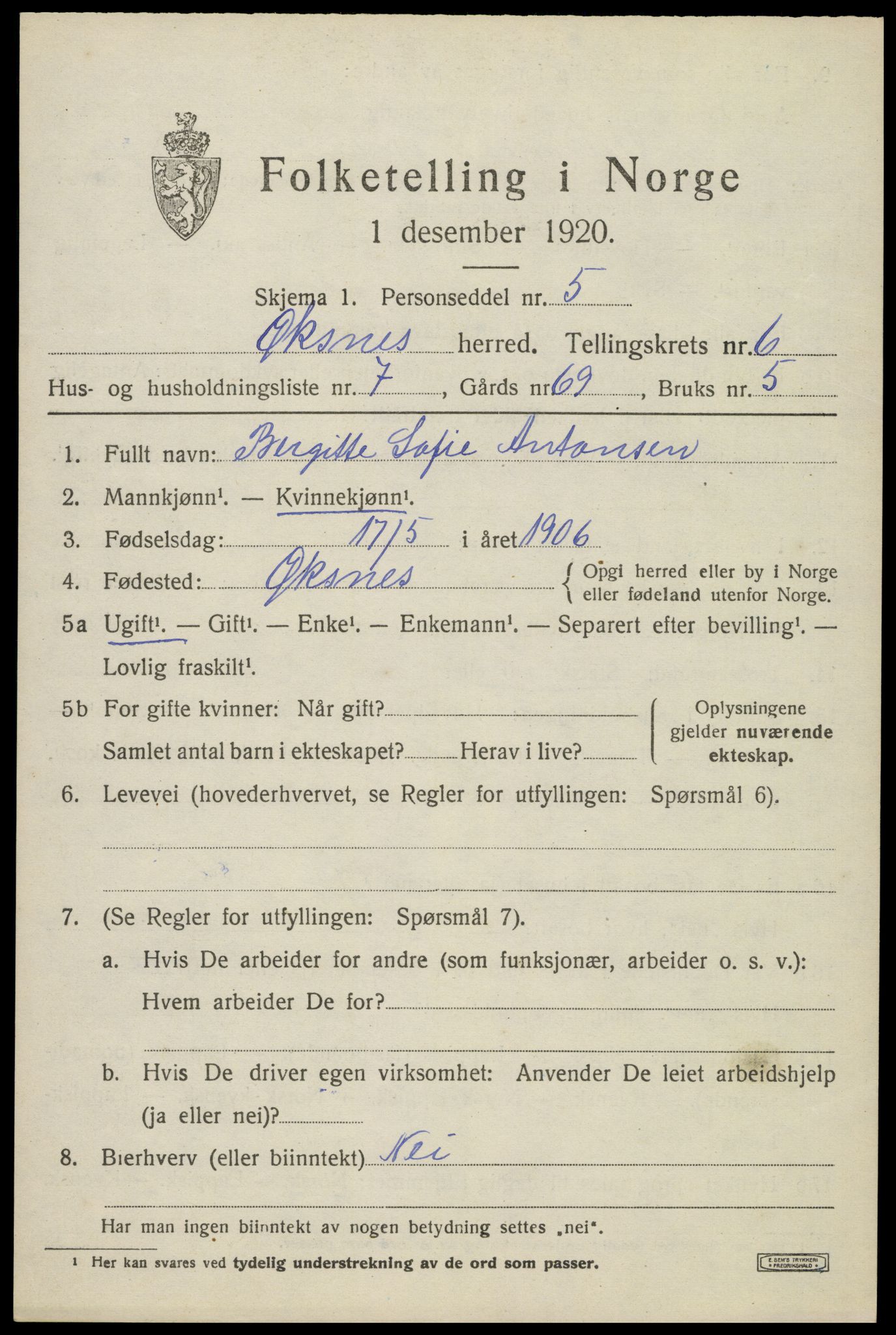 SAT, 1920 census for Øksnes, 1920, p. 4956