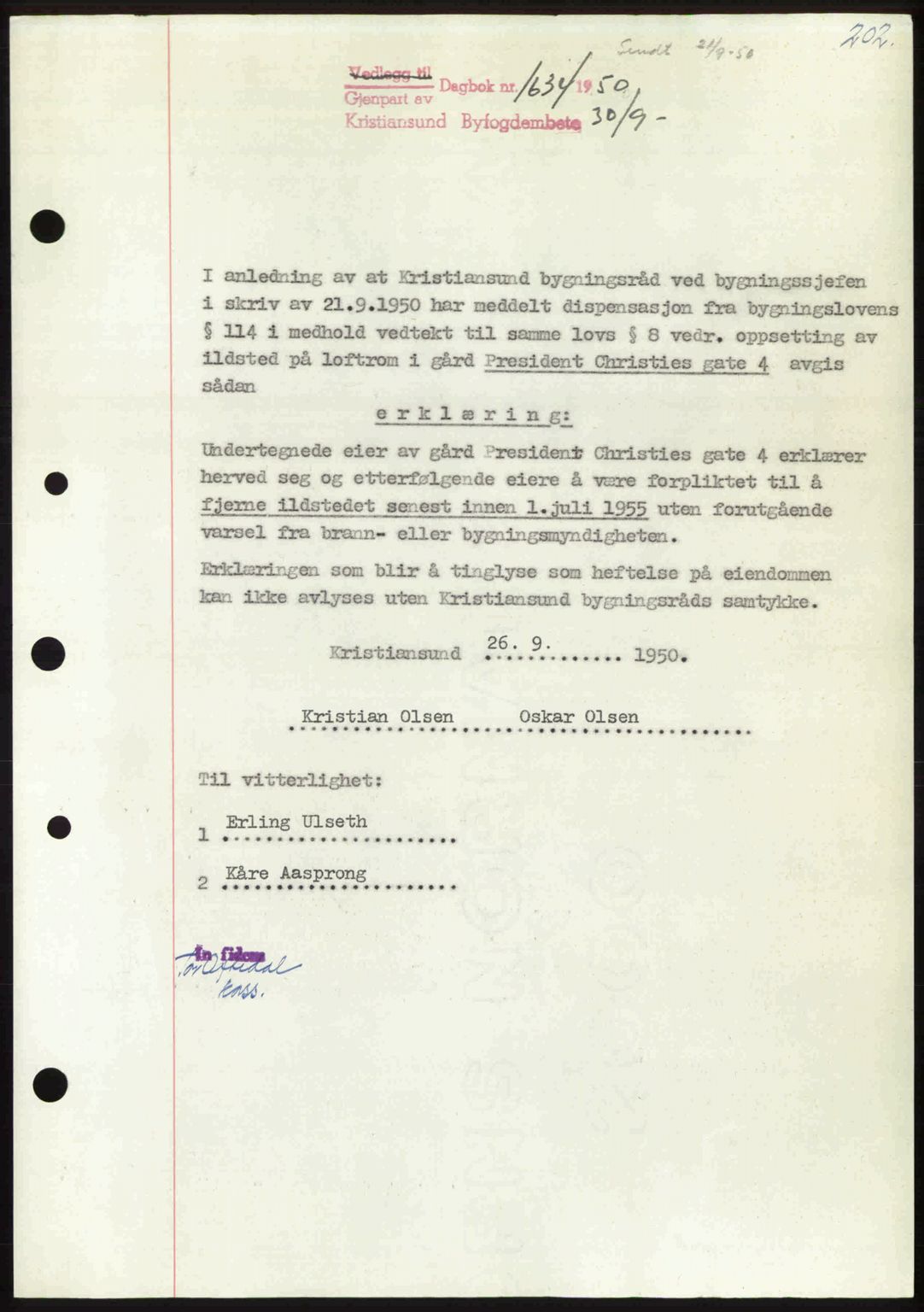 Kristiansund byfogd, AV/SAT-A-4587/A/27: Mortgage book no. 50, 1950-1950, Diary no: : 1634/1950