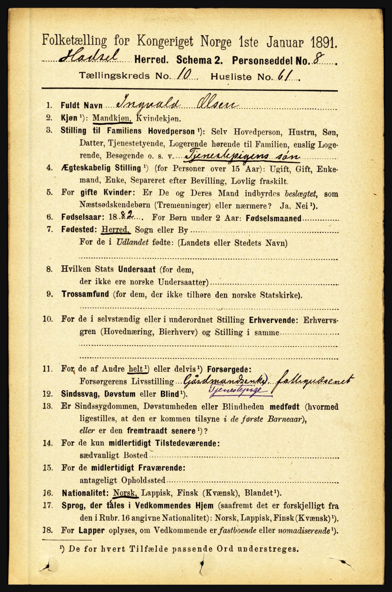 RA, 1891 census for 1866 Hadsel, 1891, p. 4597