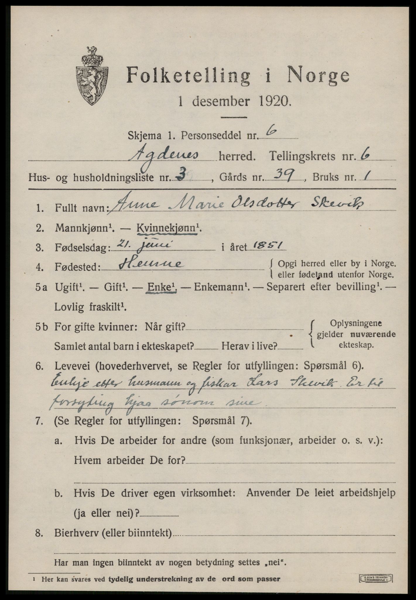 SAT, 1920 census for Agdenes, 1920, p. 2497