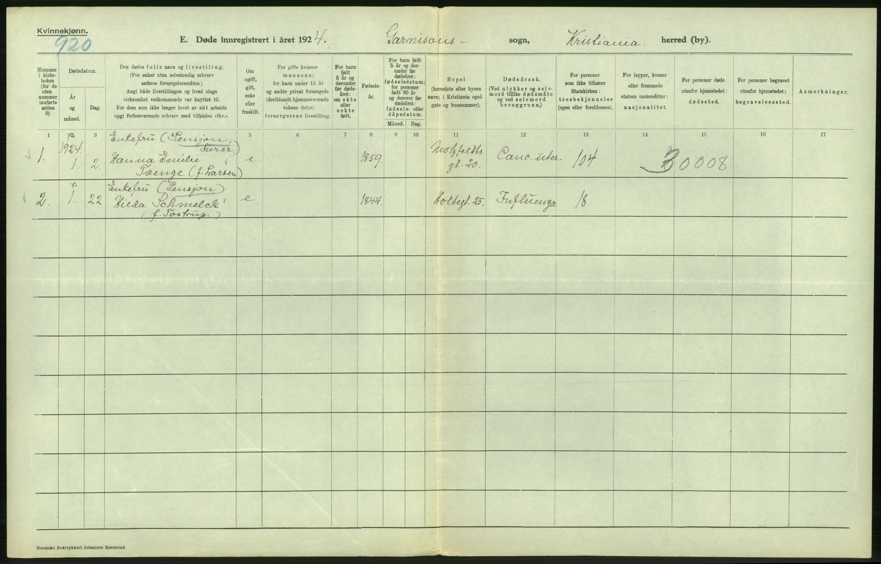 Statistisk sentralbyrå, Sosiodemografiske emner, Befolkning, AV/RA-S-2228/D/Df/Dfc/Dfcd/L0009: Kristiania: Døde kvinner, dødfødte, 1924, p. 418