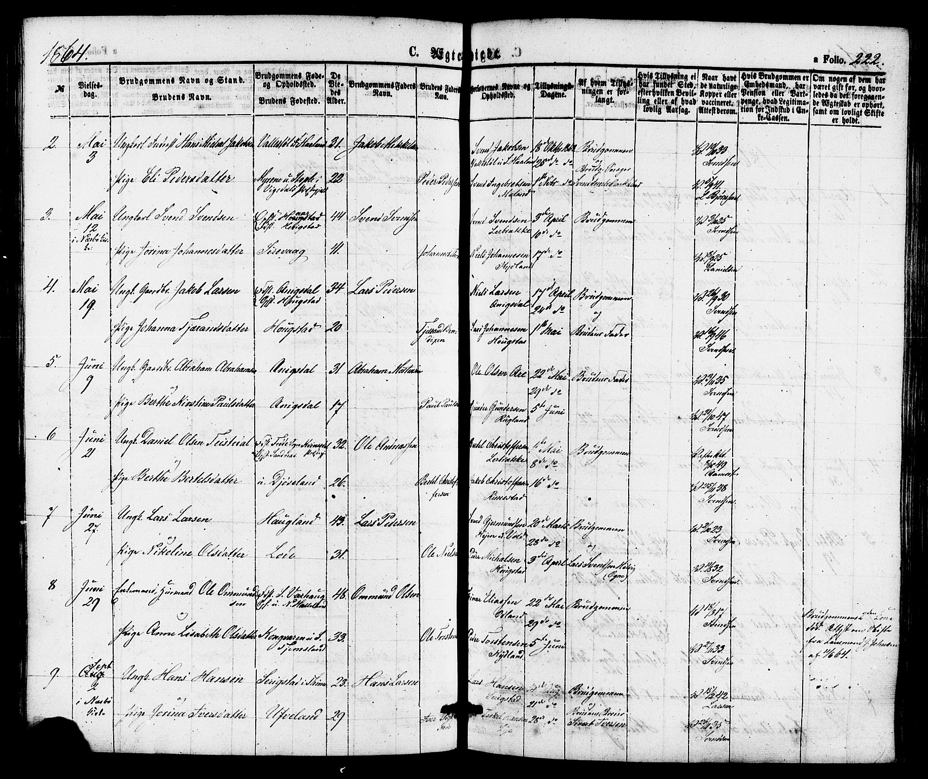 Hå sokneprestkontor, AV/SAST-A-101801/001/30BA/L0009: Parish register (official) no. A 8, 1855-1878, p. 222