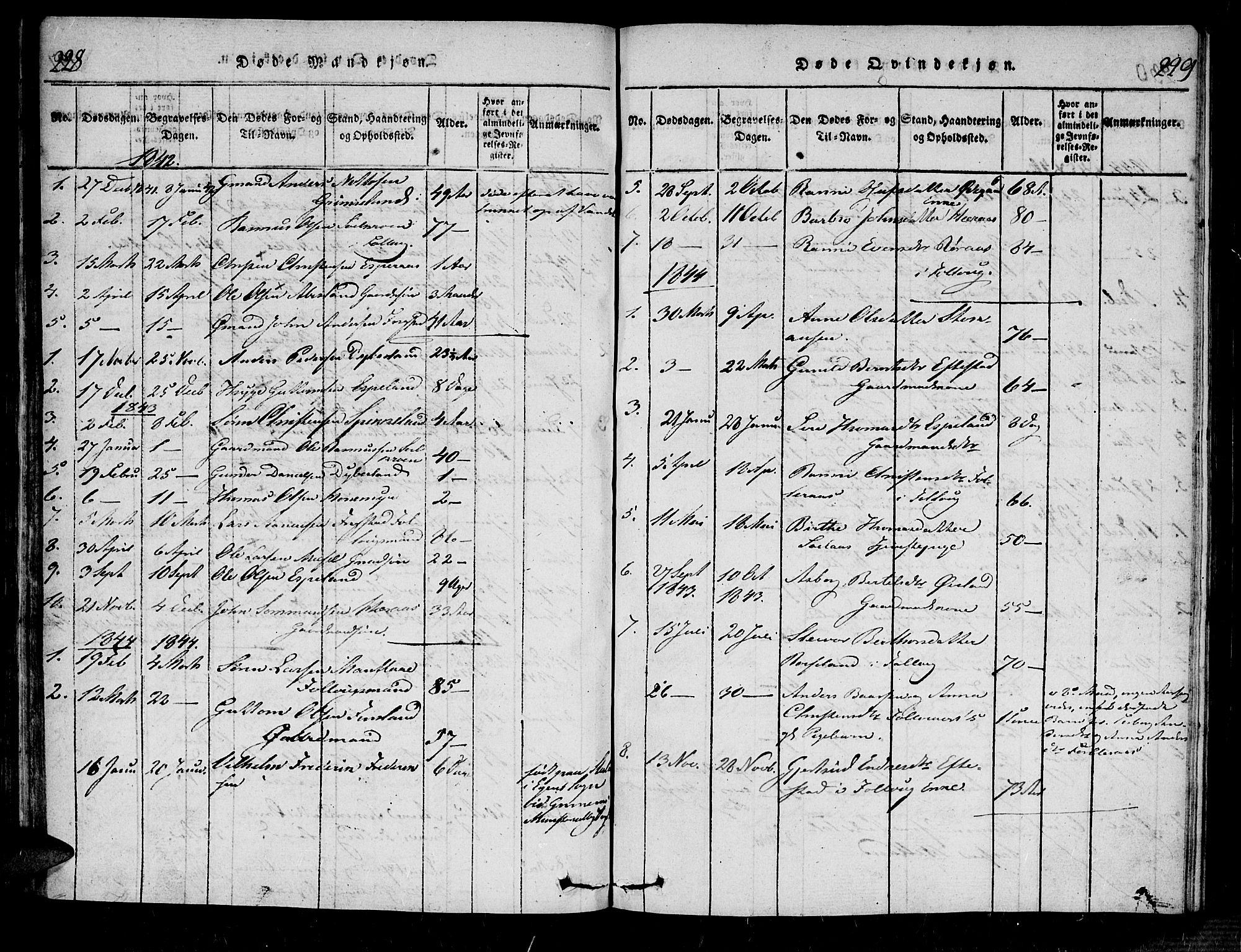 Bjelland sokneprestkontor, SAK/1111-0005/F/Fa/Fab/L0002: Parish register (official) no. A 2, 1816-1869, p. 228-229