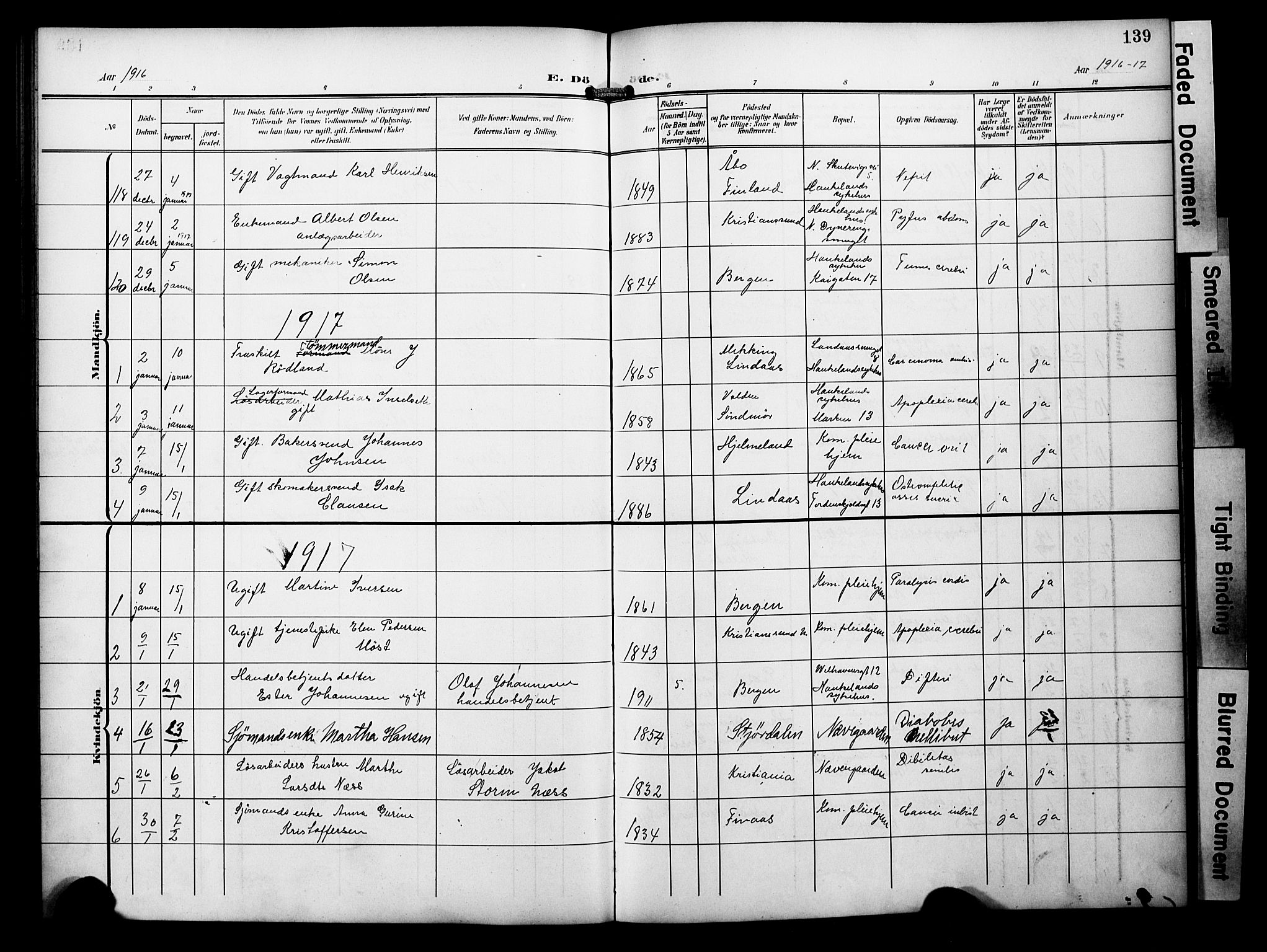 Bergen kommunale pleiehjem - stiftelsespresten, AV/SAB-A-100281: Parish register (official) no. A 6, 1908-1920, p. 139