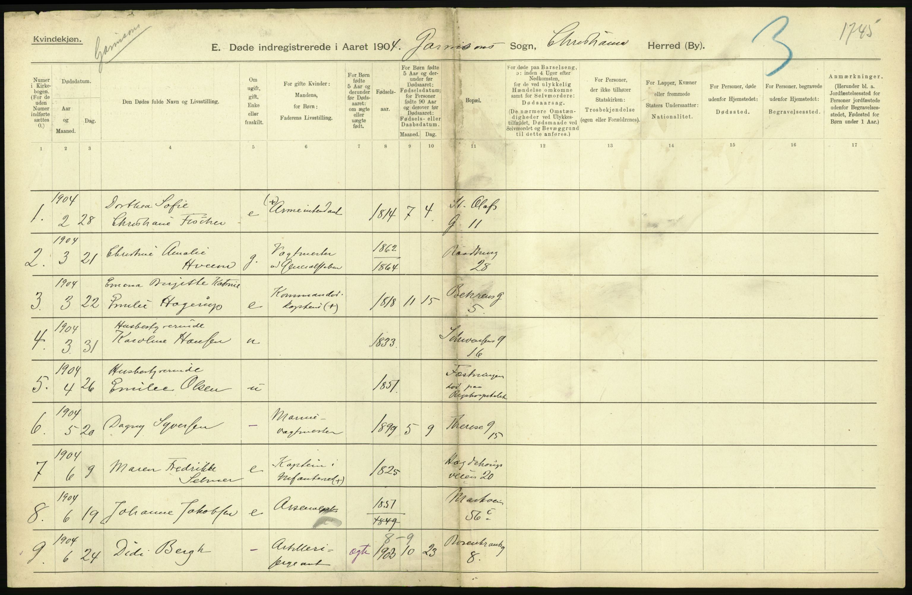 Statistisk sentralbyrå, Sosiodemografiske emner, Befolkning, RA/S-2228/D/Df/Dfa/Dfab/L0004: Kristiania: Gifte, døde, 1904, p. 443