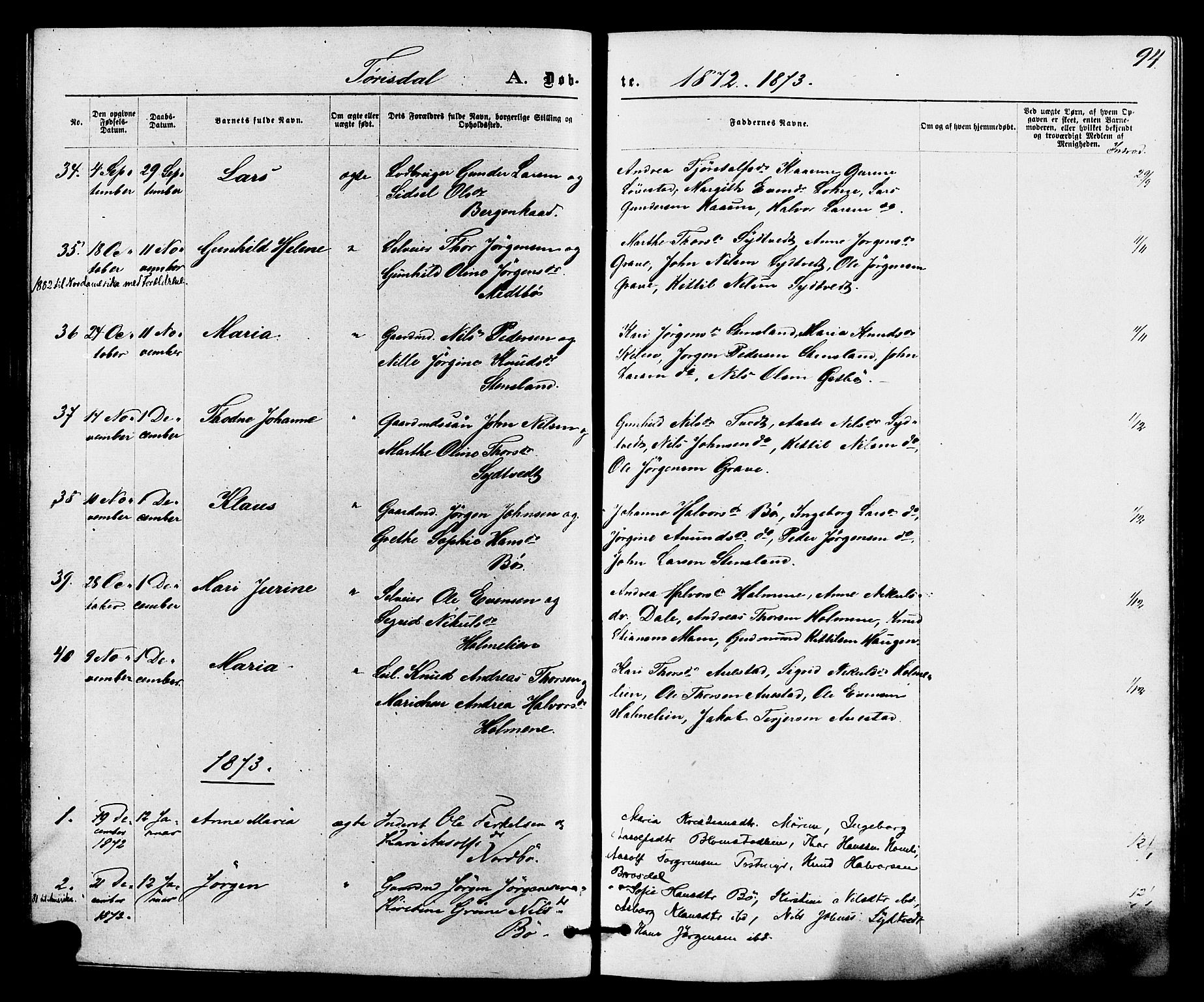 Drangedal kirkebøker, SAKO/A-258/F/Fa/L0009: Parish register (official) no. 9 /2, 1872-1884, p. 94