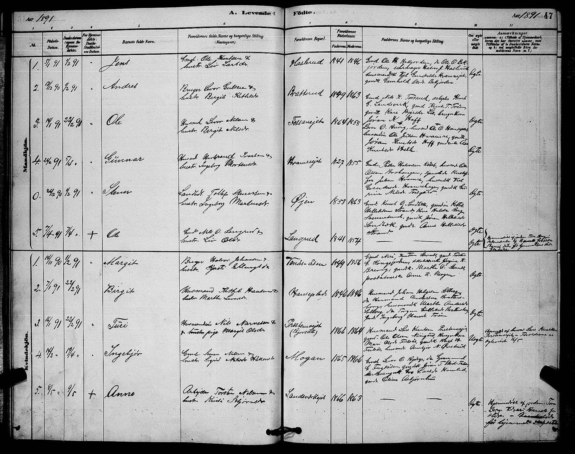 Rollag kirkebøker, SAKO/A-240/G/Ga/L0004: Parish register (copy) no. I 4, 1878-1903, p. 47