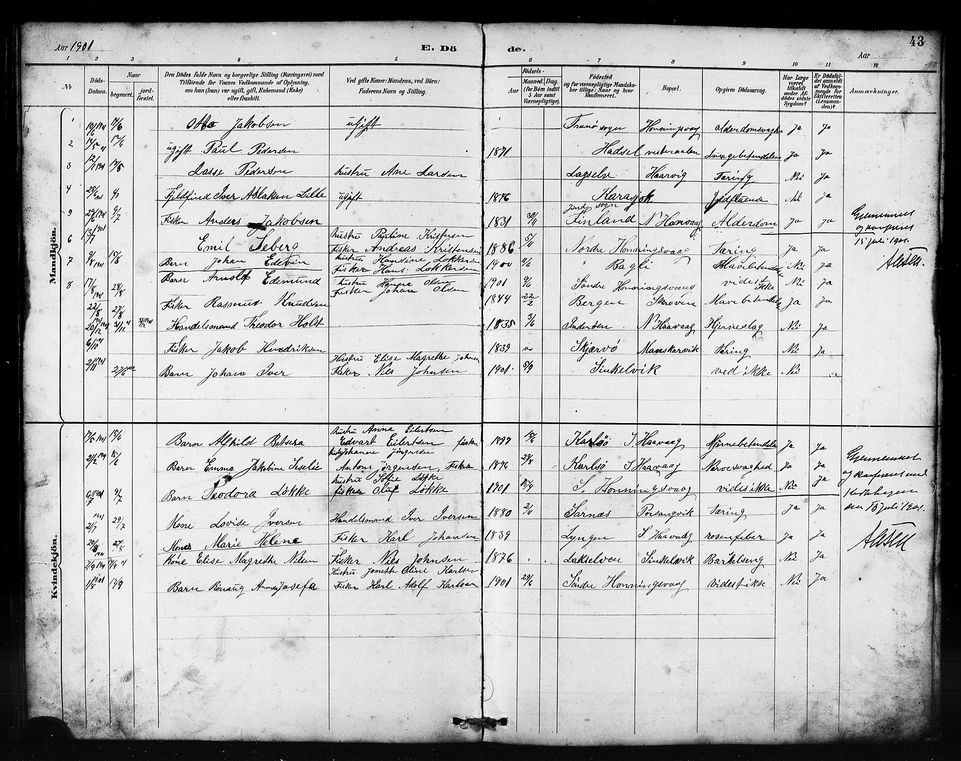 Kjelvik/Nordkapp sokneprestkontor, AV/SATØ-S-1350/J/Ja/L0027: Other parish register no. 27, 1887-1918, p. 43