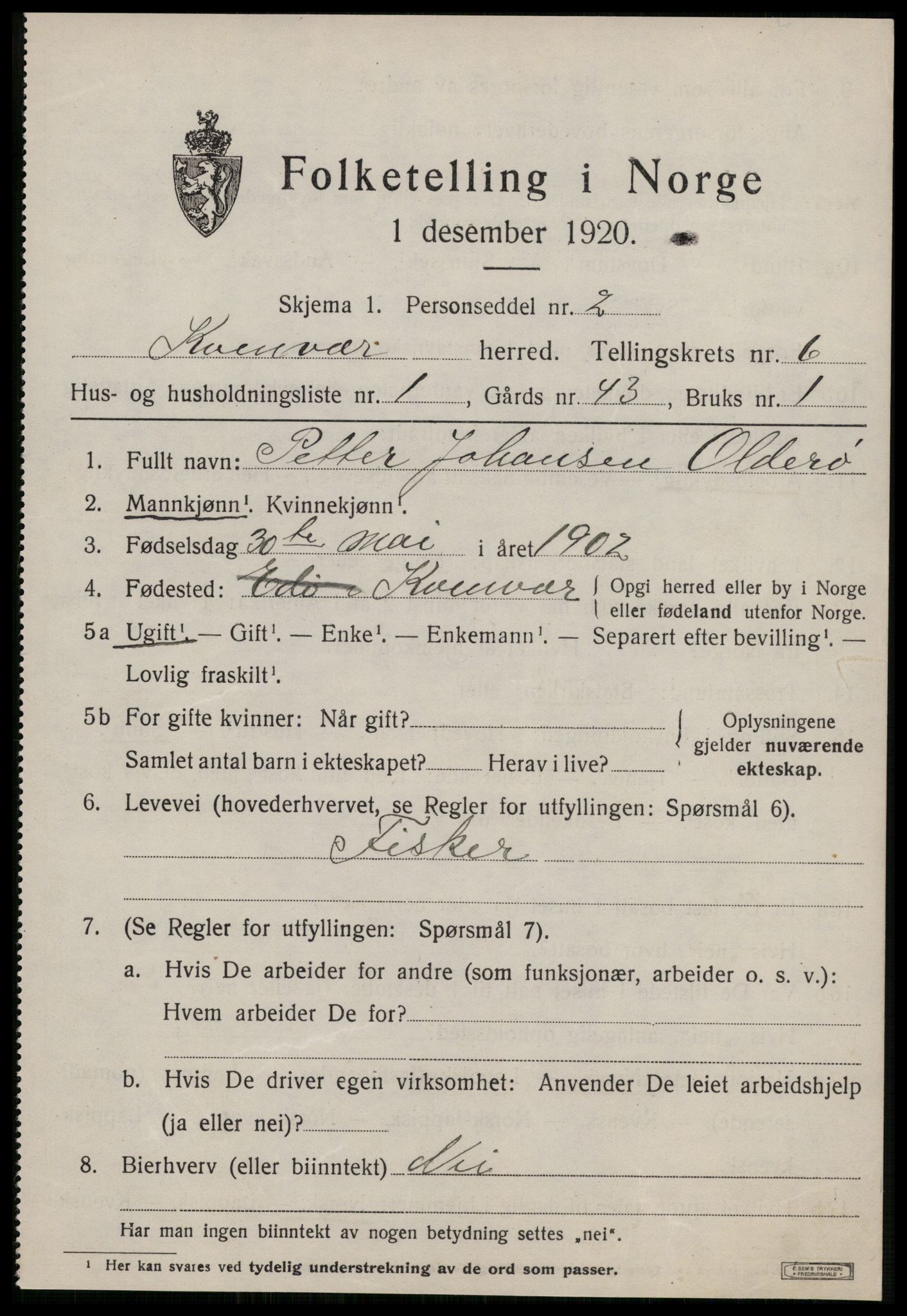 SAT, 1920 census for Kvenvær, 1920, p. 2106