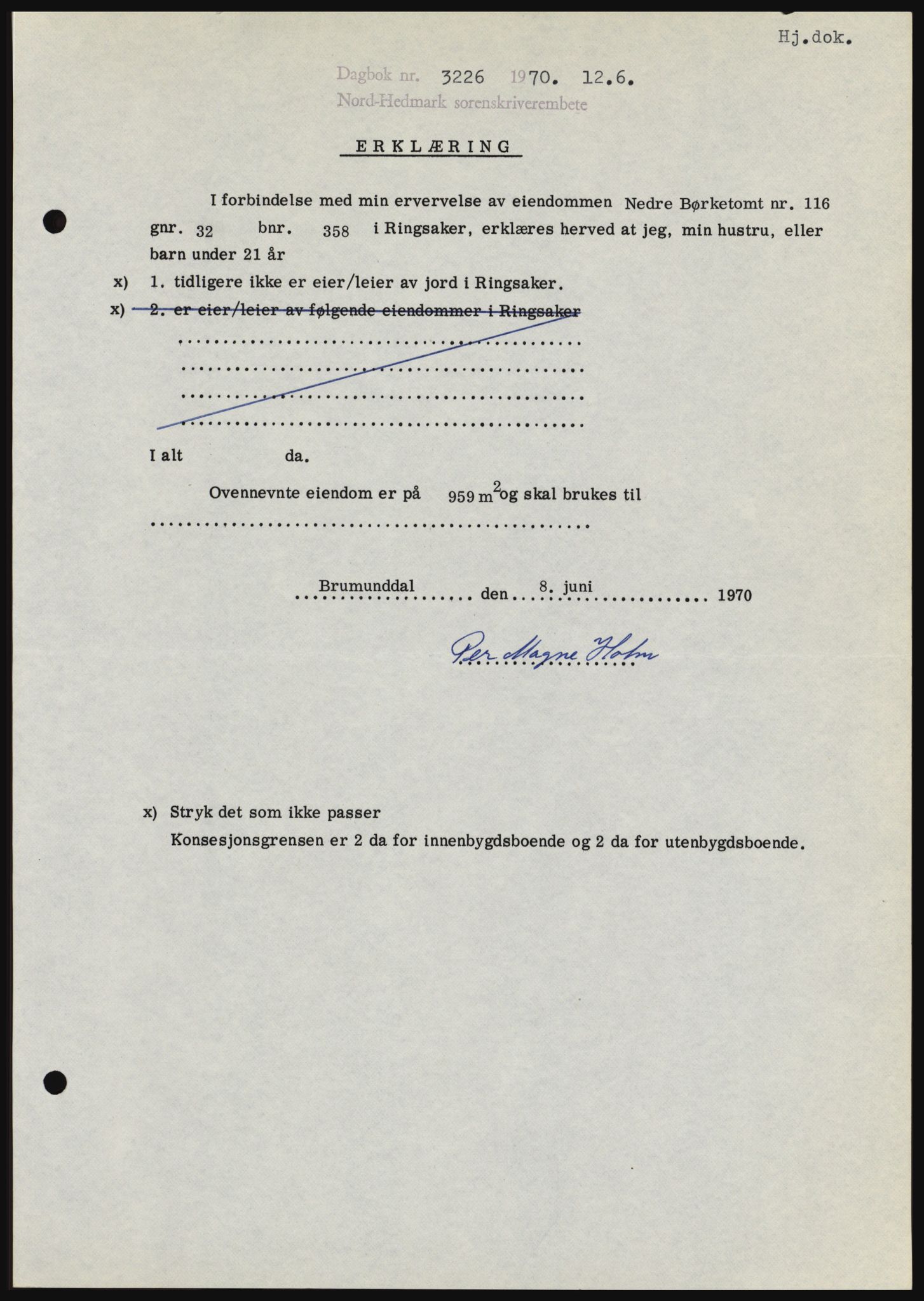 Nord-Hedmark sorenskriveri, SAH/TING-012/H/Hc/L0033: Mortgage book no. 33, 1970-1970, Diary no: : 3226/1970