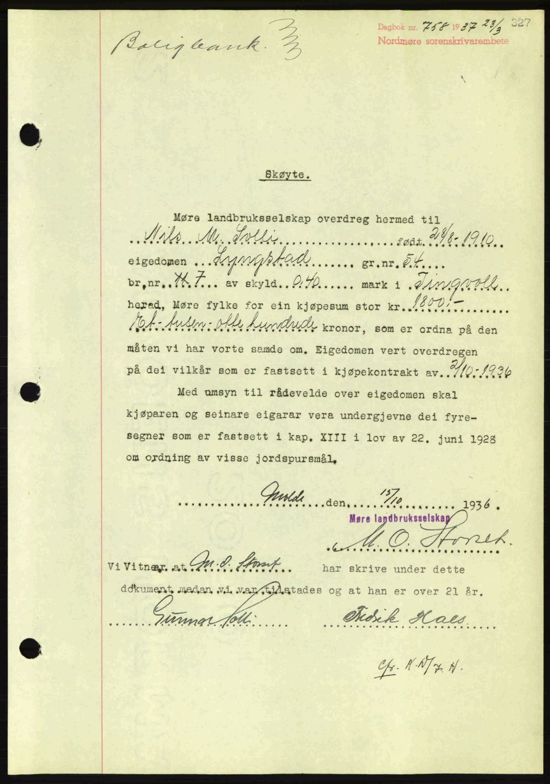 Nordmøre sorenskriveri, AV/SAT-A-4132/1/2/2Ca: Mortgage book no. A81, 1937-1937, Diary no: : 758/1937