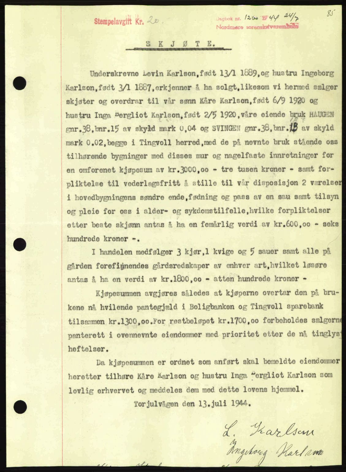 Nordmøre sorenskriveri, AV/SAT-A-4132/1/2/2Ca: Mortgage book no. A98, 1944-1944, Diary no: : 1260/1944