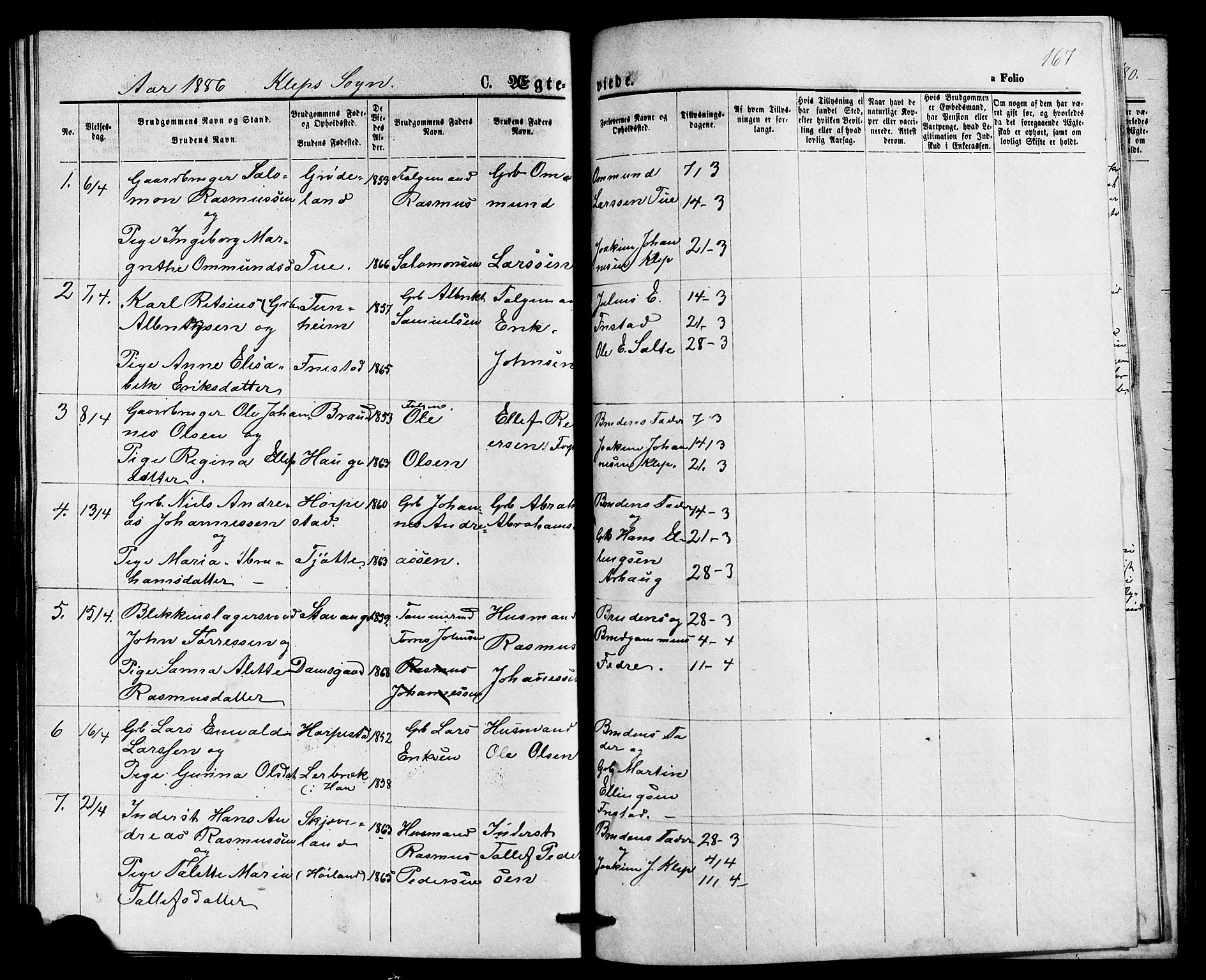 Klepp sokneprestkontor, SAST/A-101803/001/3/30BB/L0003: Parish register (copy) no. B 3, 1876-1888, p. 167