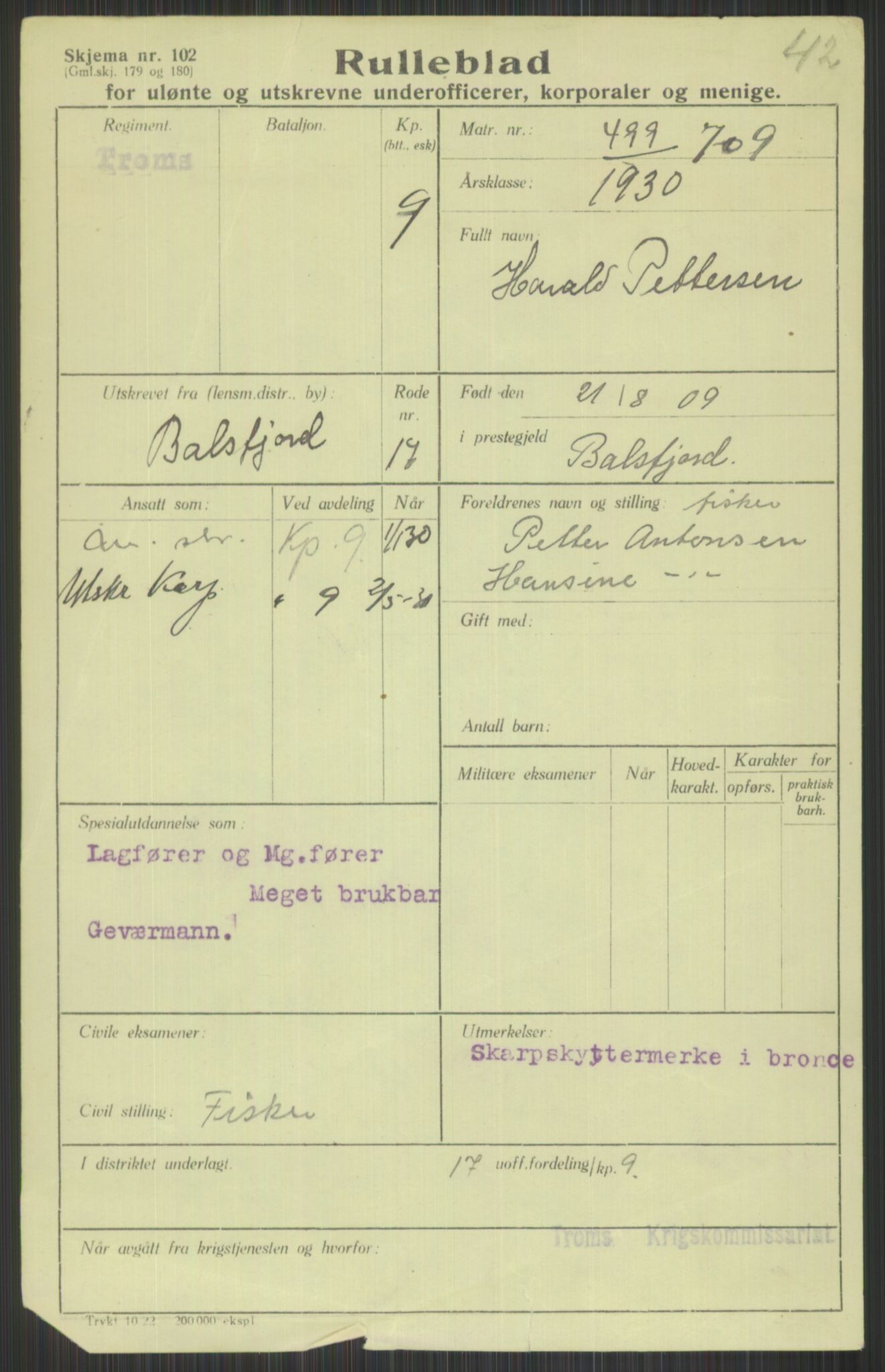 Forsvaret, Troms infanteriregiment nr. 16, AV/RA-RAFA-3146/P/Pa/L0014: Rulleblad for regimentets menige mannskaper, årsklasse 1930, 1930, p. 885