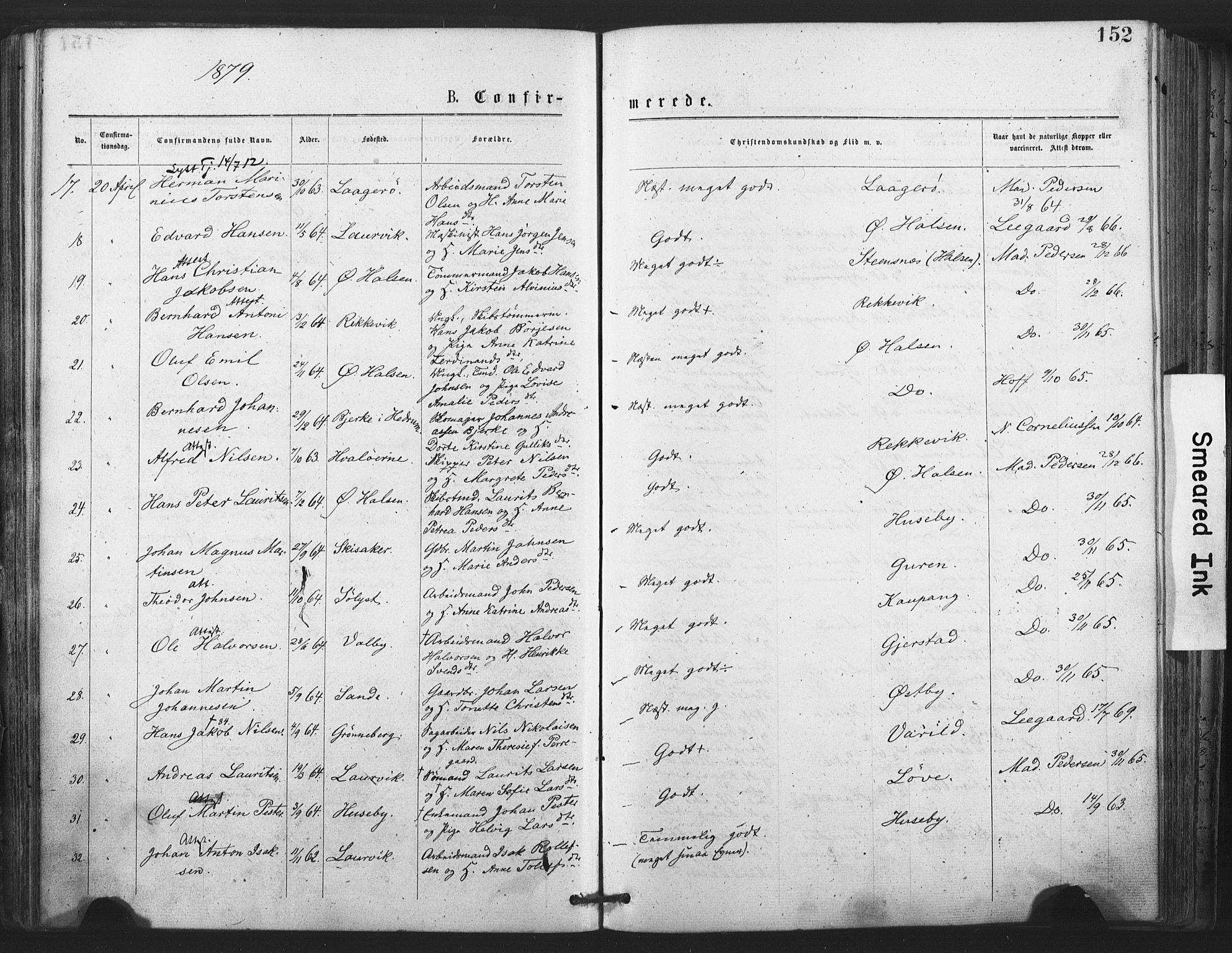 Tjølling kirkebøker, SAKO/A-60/F/Fa/L0008: Parish register (official) no. 8, 1877-1886, p. 152