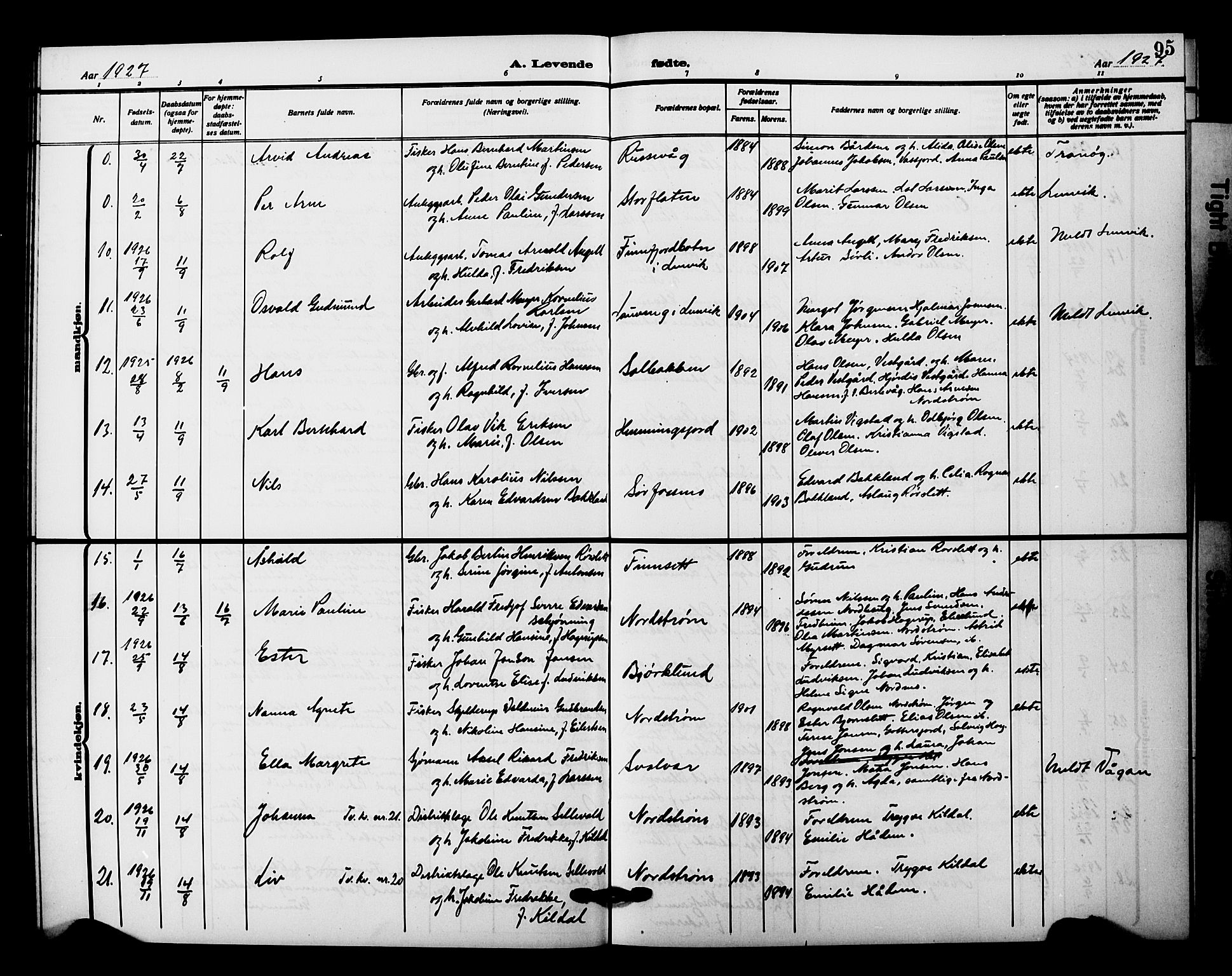 Tranøy sokneprestkontor, AV/SATØ-S-1313/I/Ia/Iab/L0023klokker: Parish register (copy) no. 23, 1913-1928, p. 95