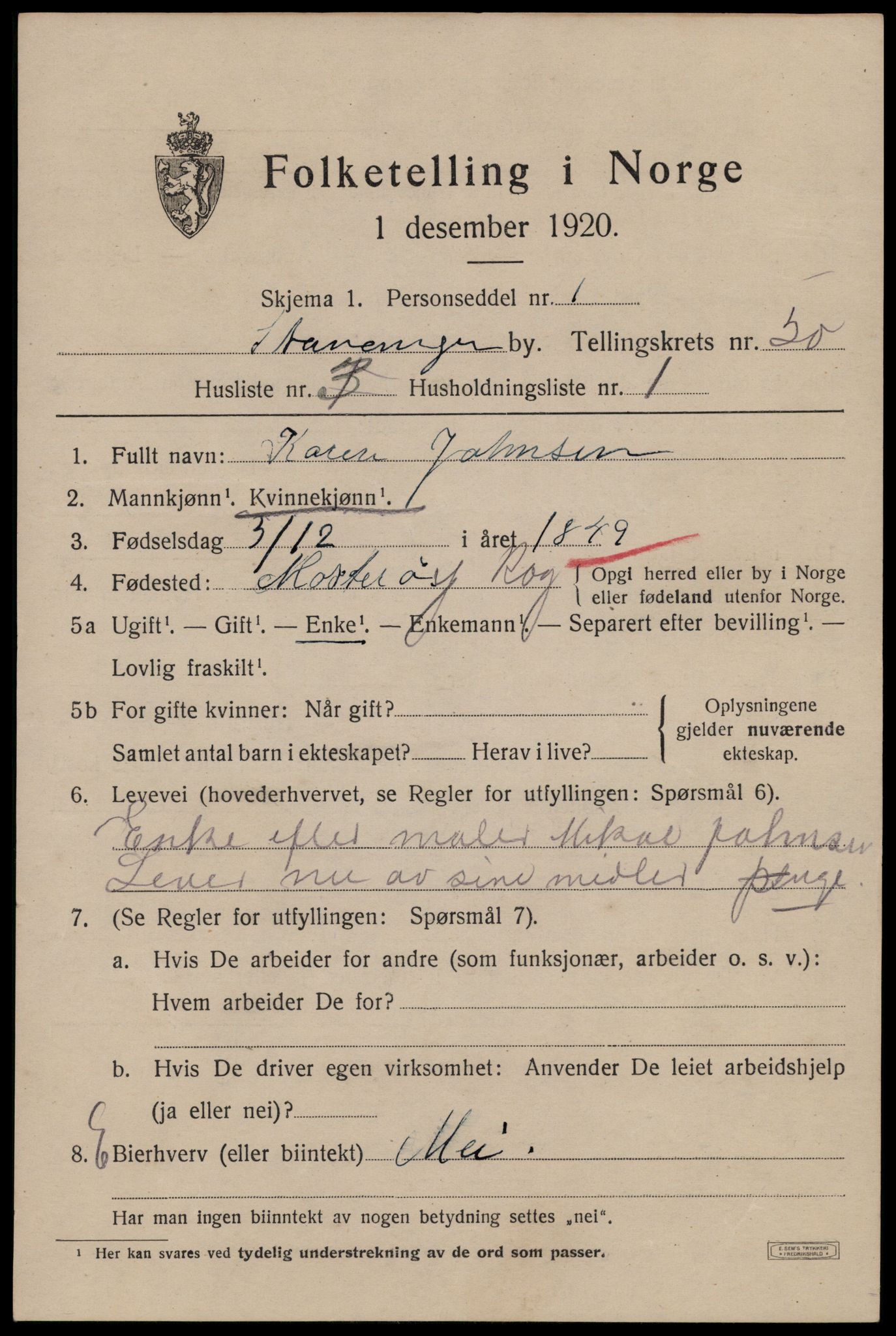 SAST, 1920 census for Stavanger, 1920, p. 119892