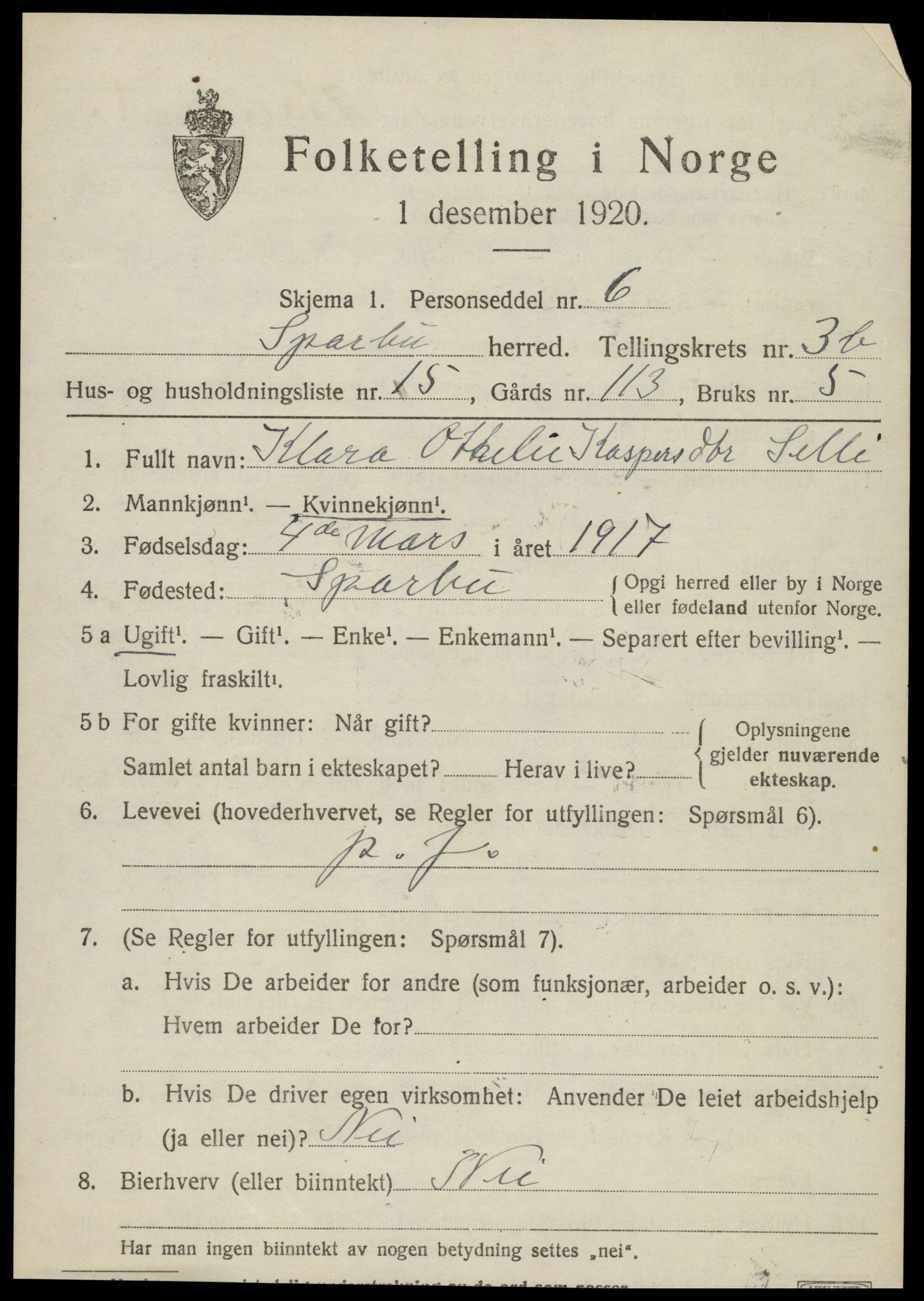 SAT, 1920 census for Sparbu, 1920, p. 4983