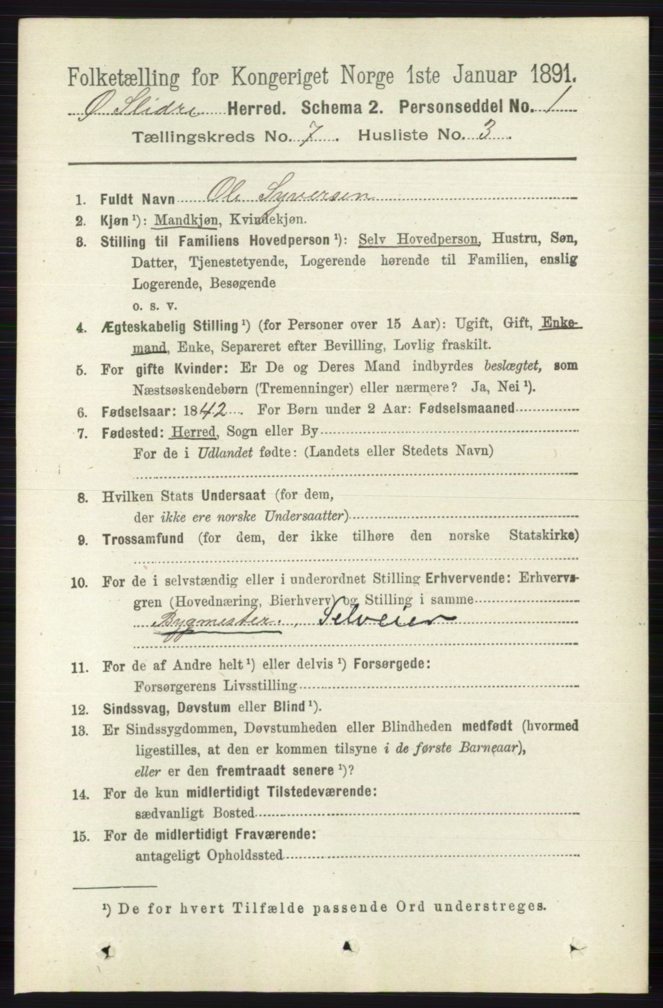 RA, 1891 census for 0544 Øystre Slidre, 1891, p. 2180