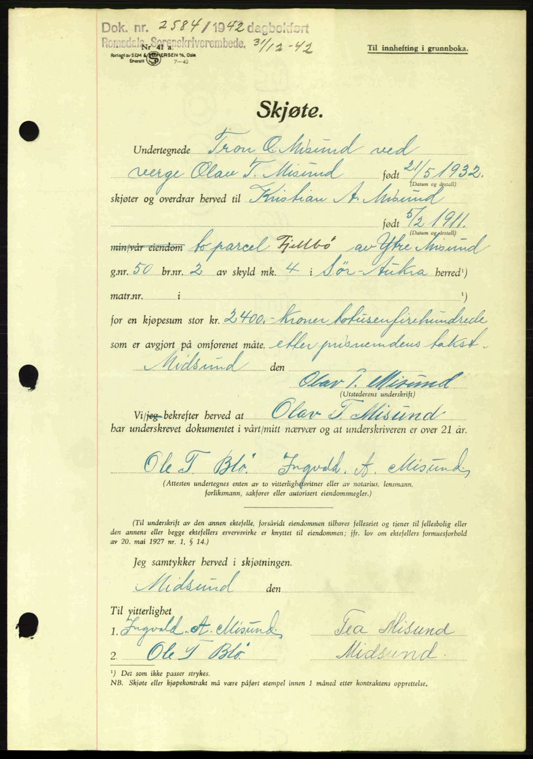 Romsdal sorenskriveri, AV/SAT-A-4149/1/2/2C: Mortgage book no. A13, 1942-1943, Diary no: : 2584/1942