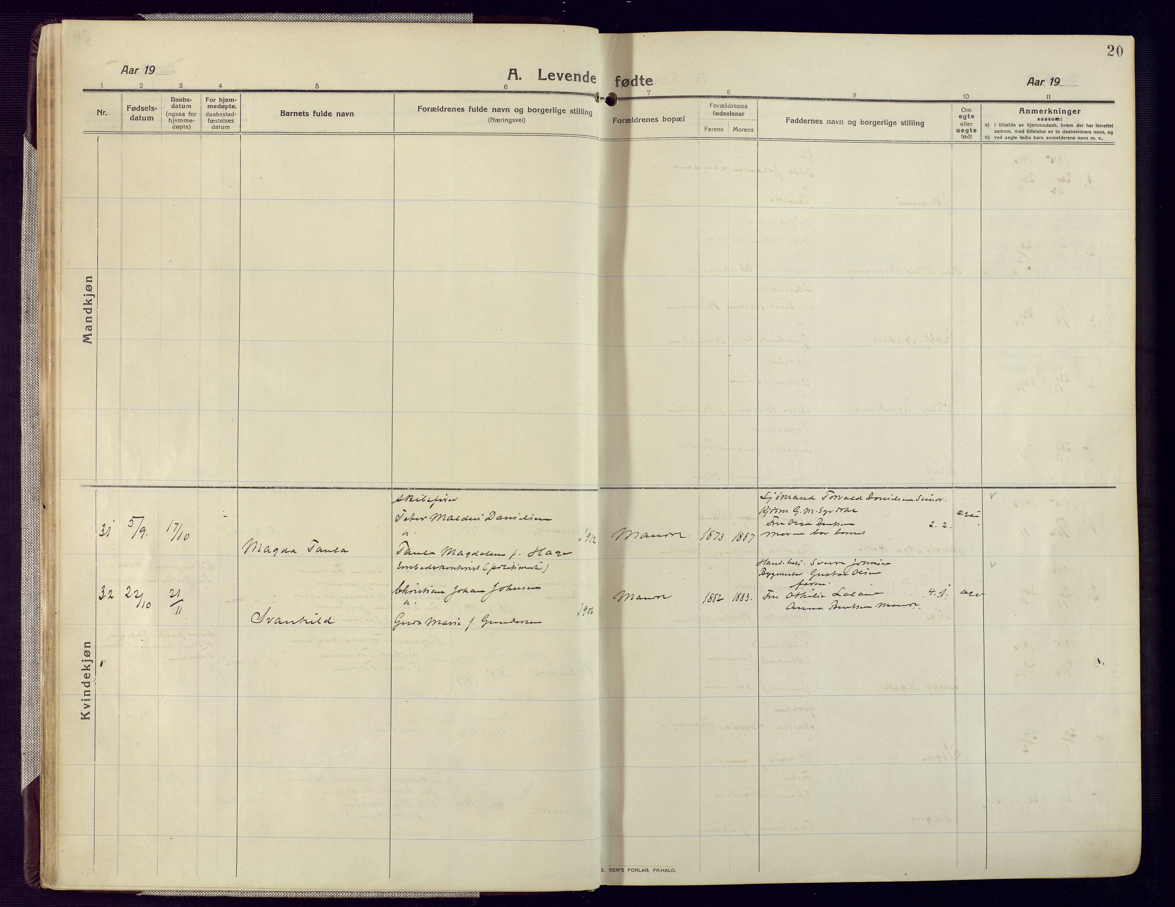 Mandal sokneprestkontor, AV/SAK-1111-0030/F/Fa/Fac/L0001: Parish register (official) no. A 1, 1913-1925, p. 20