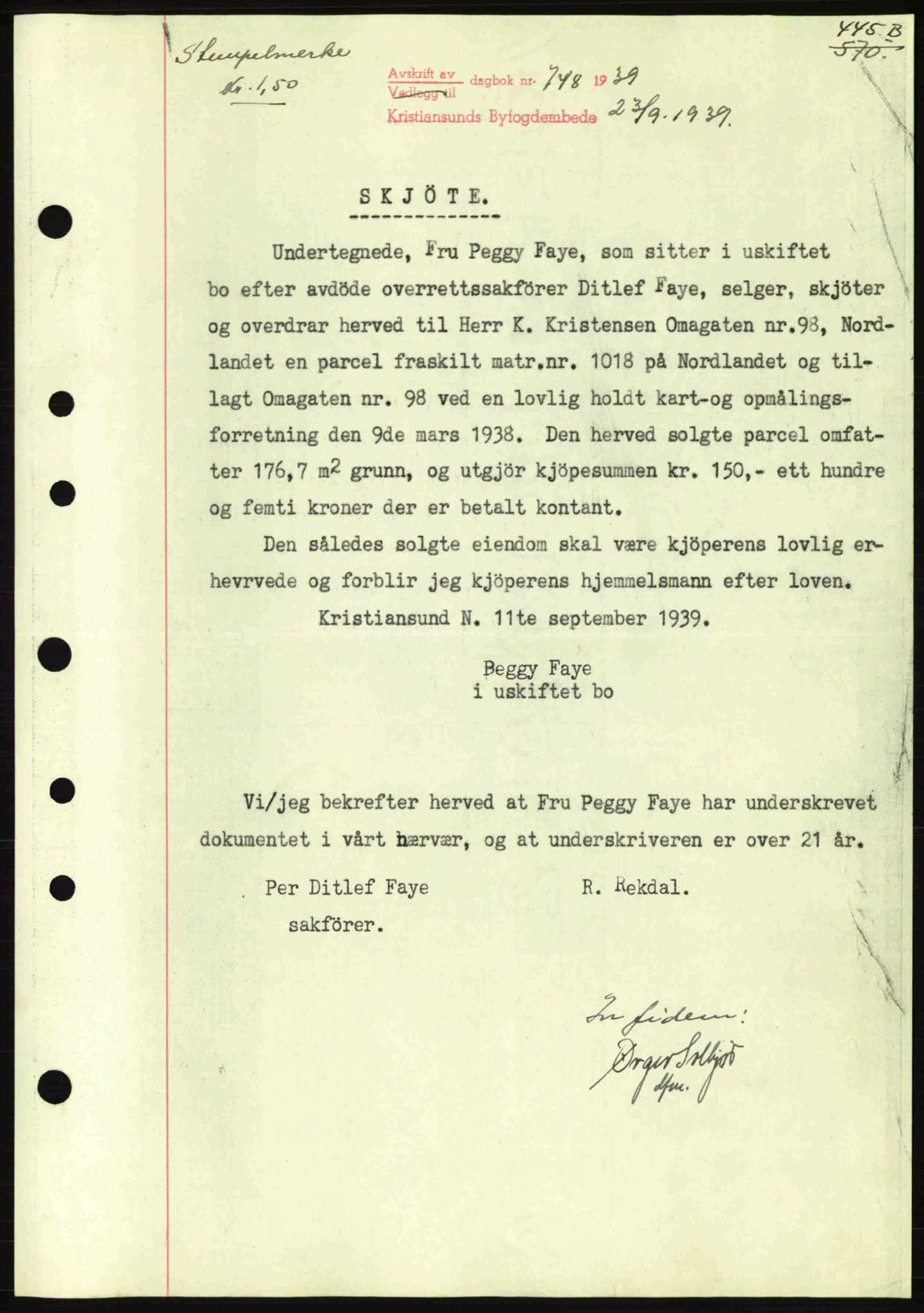 Kristiansund byfogd, SAT/A-4587/A/27: Mortgage book no. 31, 1938-1939, Diary no: : 748/1939
