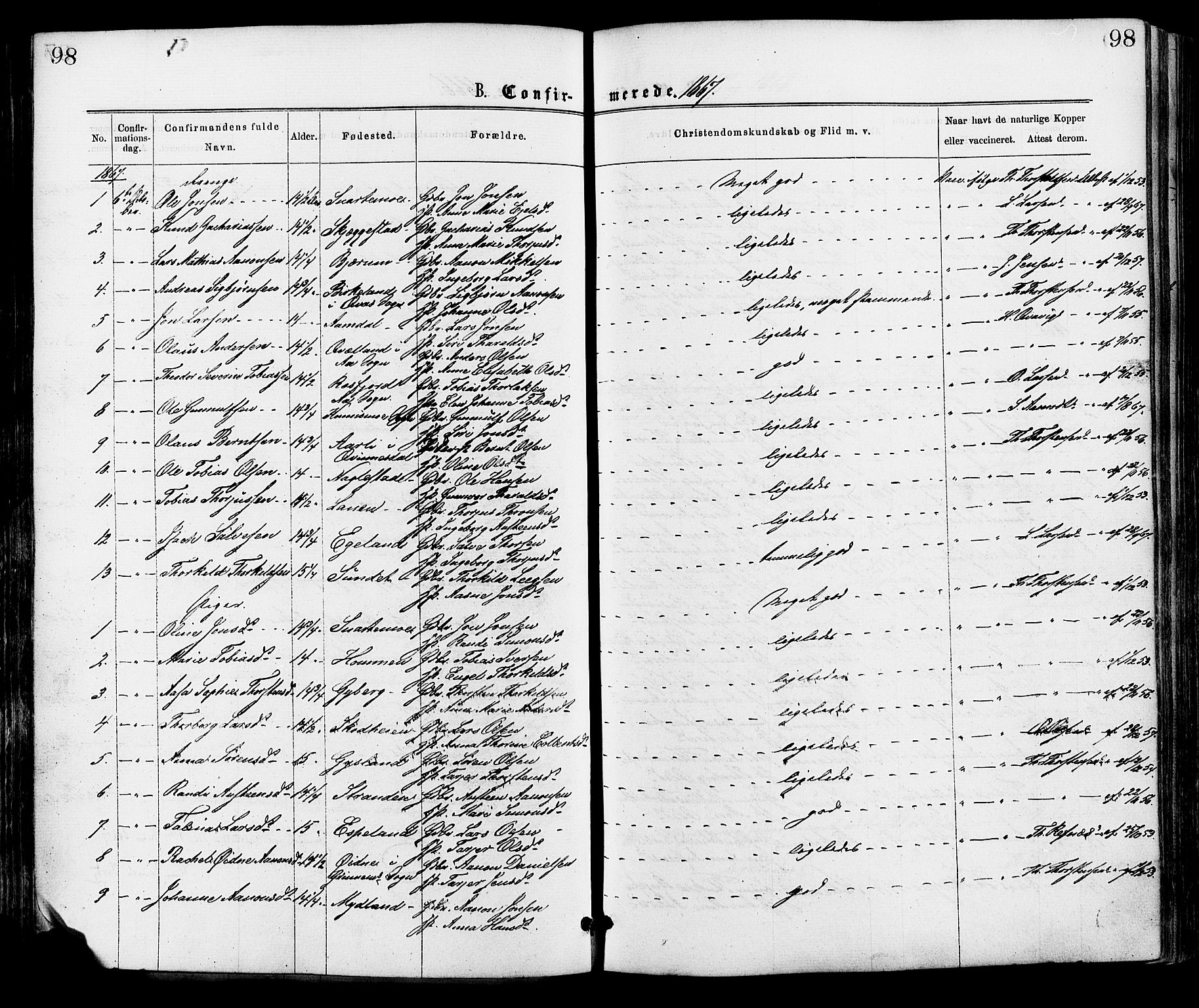 Hægebostad sokneprestkontor, AV/SAK-1111-0024/F/Fa/Faa/L0005: Parish register (official) no. A 5, 1864-1886, p. 98