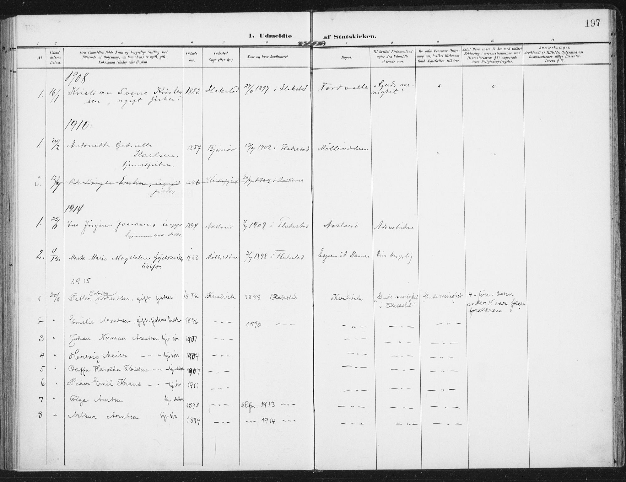 Ministerialprotokoller, klokkerbøker og fødselsregistre - Nordland, AV/SAT-A-1459/885/L1206: Parish register (official) no. 885A07, 1905-1915, p. 197