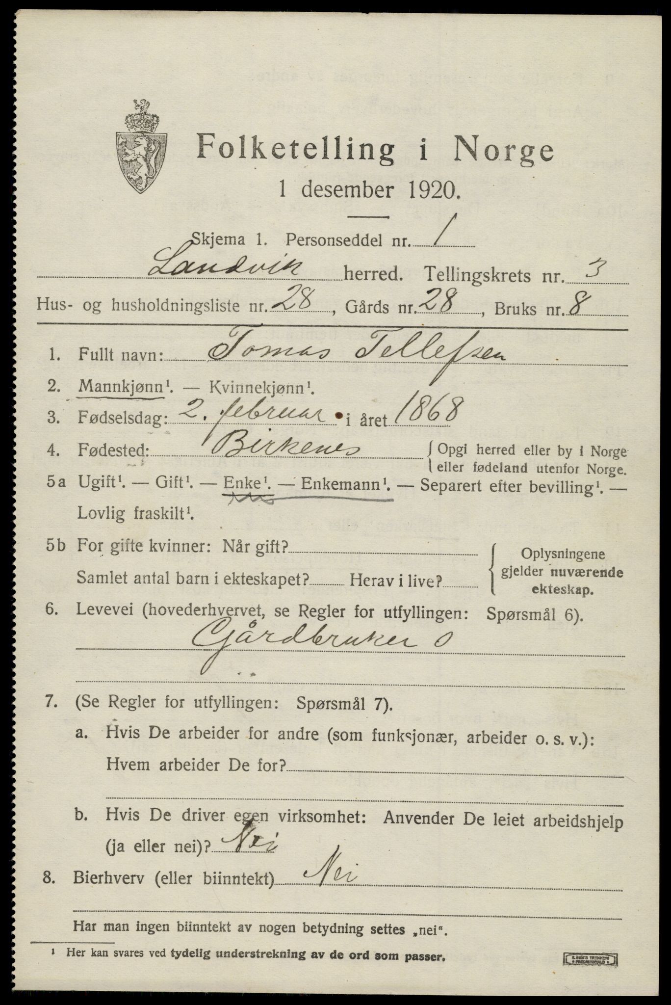 SAK, 1920 census for Landvik, 1920, p. 3198