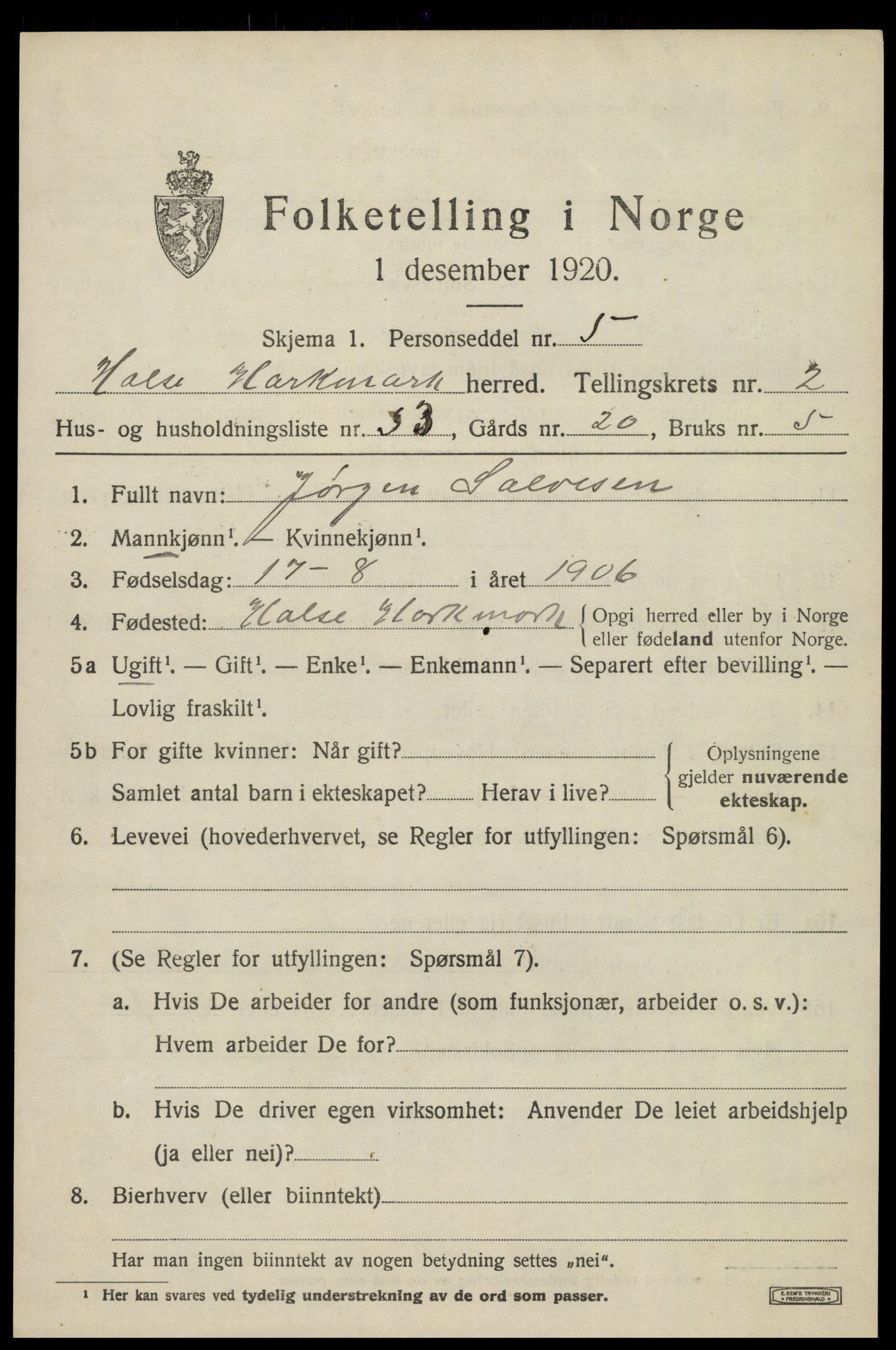 SAK, 1920 census for Halse og Harkmark, 1920, p. 2383