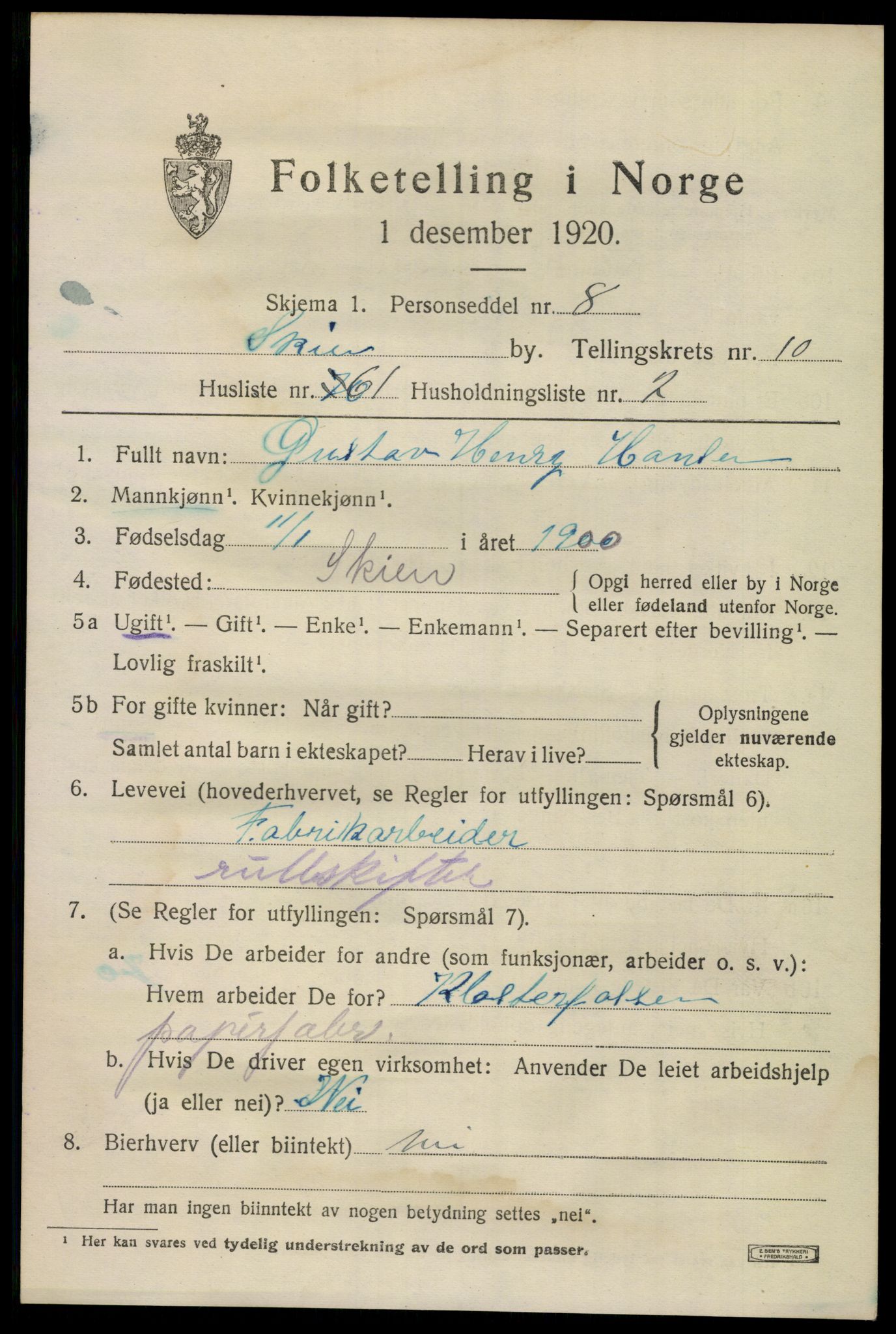 SAKO, 1920 census for Skien, 1920, p. 33140