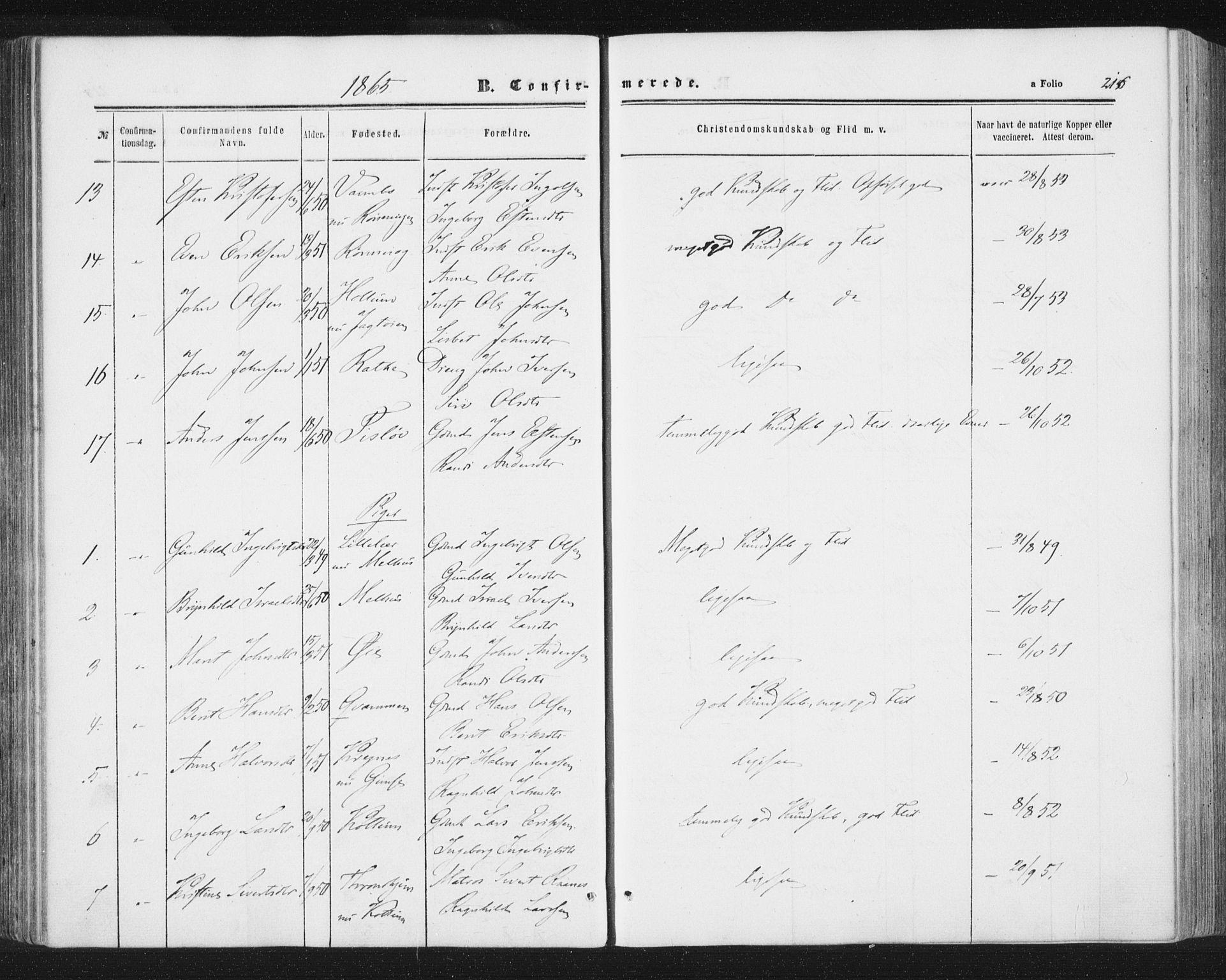 Ministerialprotokoller, klokkerbøker og fødselsregistre - Sør-Trøndelag, AV/SAT-A-1456/691/L1077: Parish register (official) no. 691A09, 1862-1873, p. 216