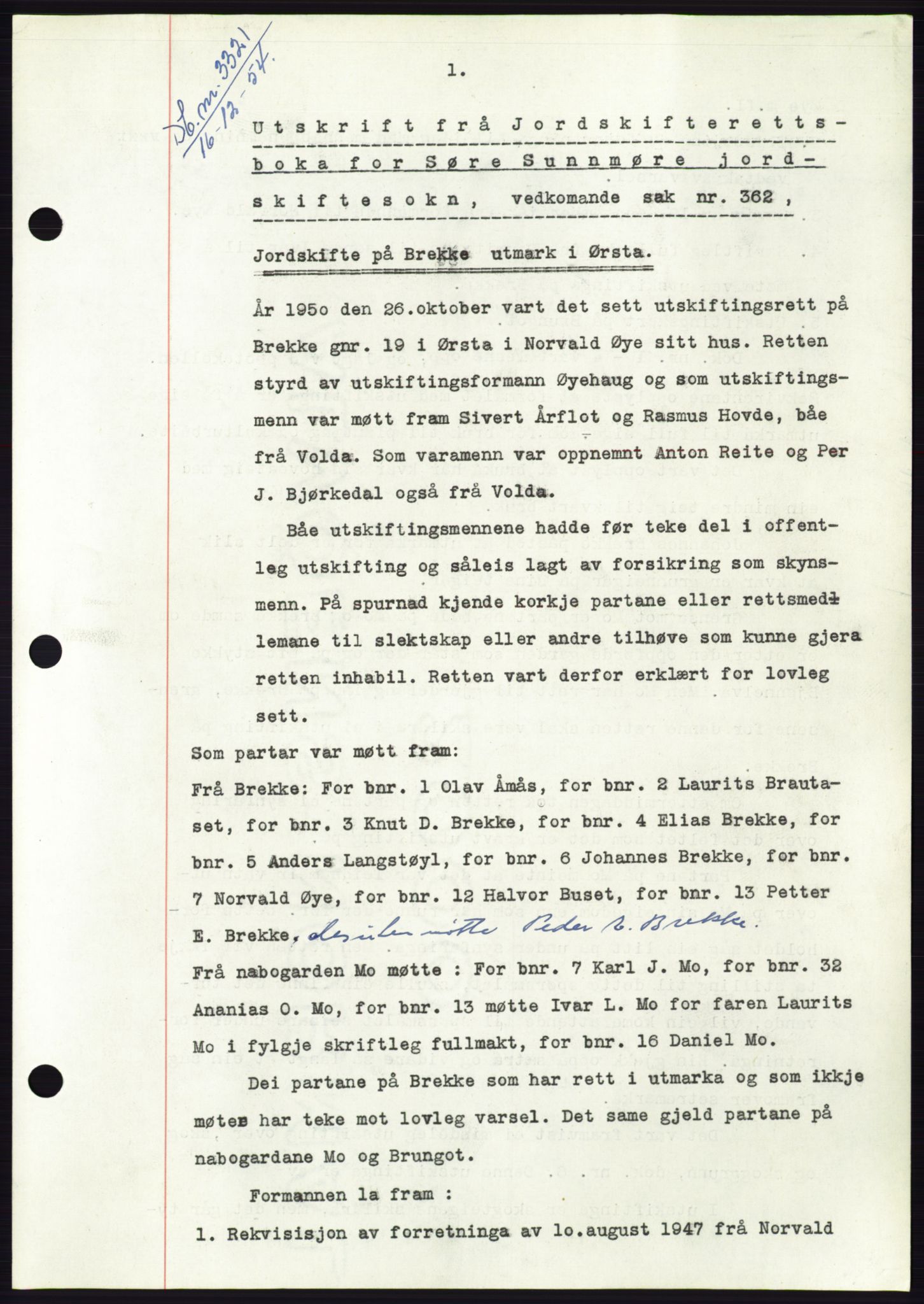 Søre Sunnmøre sorenskriveri, AV/SAT-A-4122/1/2/2C/L0099: Mortgage book no. 25A, 1954-1954, Diary no: : 3321/1954