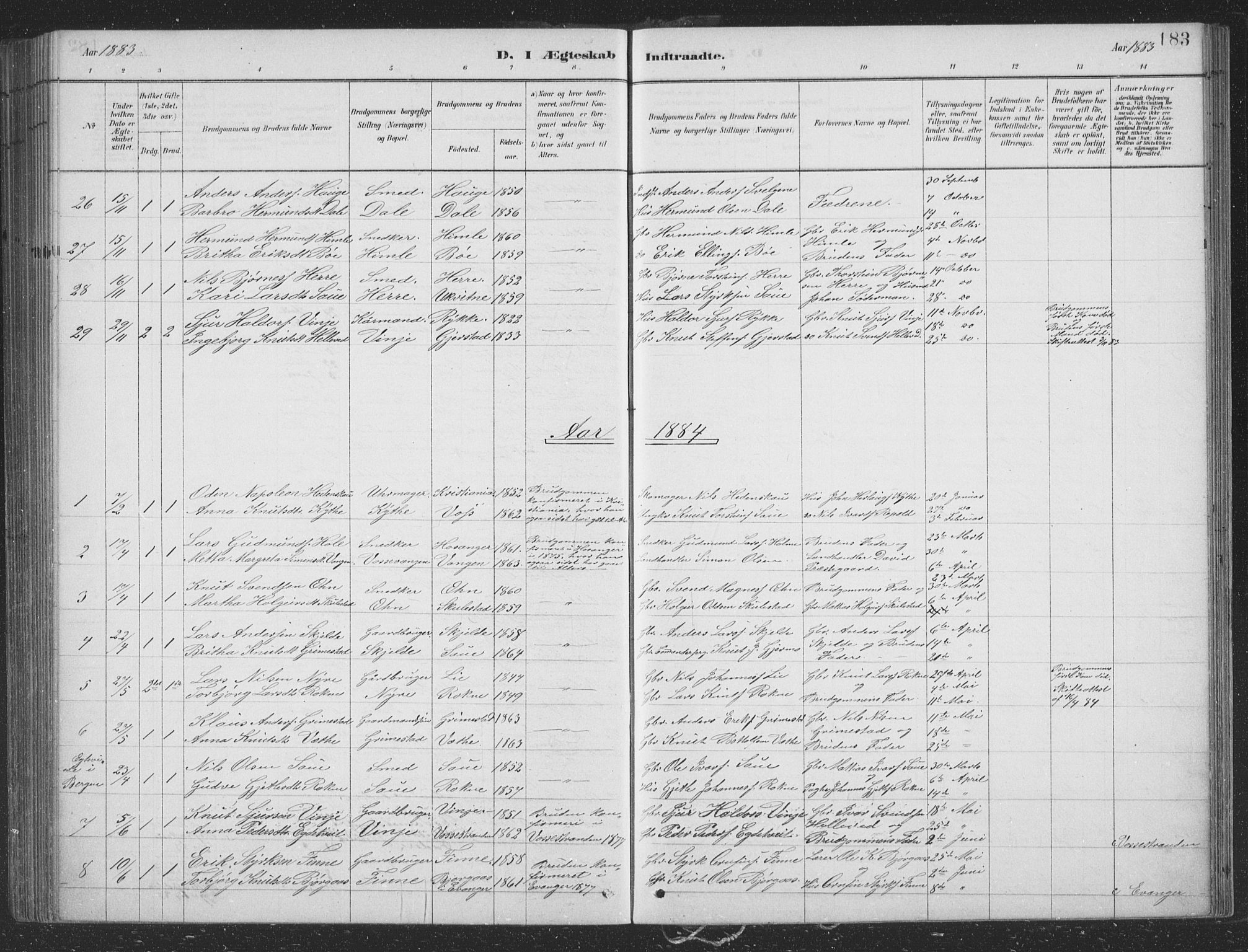 Voss sokneprestembete, SAB/A-79001/H/Hab: Parish register (copy) no. B 3, 1879-1894, p. 183