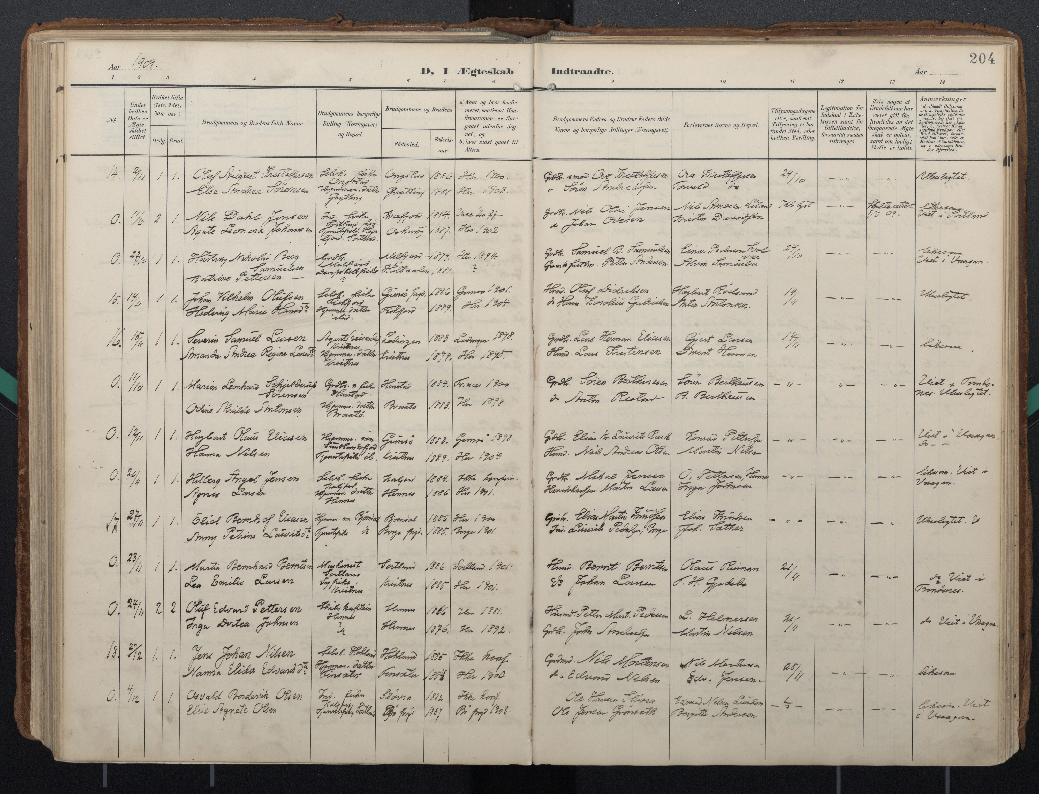 Ministerialprotokoller, klokkerbøker og fødselsregistre - Nordland, AV/SAT-A-1459/888/L1248: Parish register (official) no. 888A14, 1904-1913, p. 204