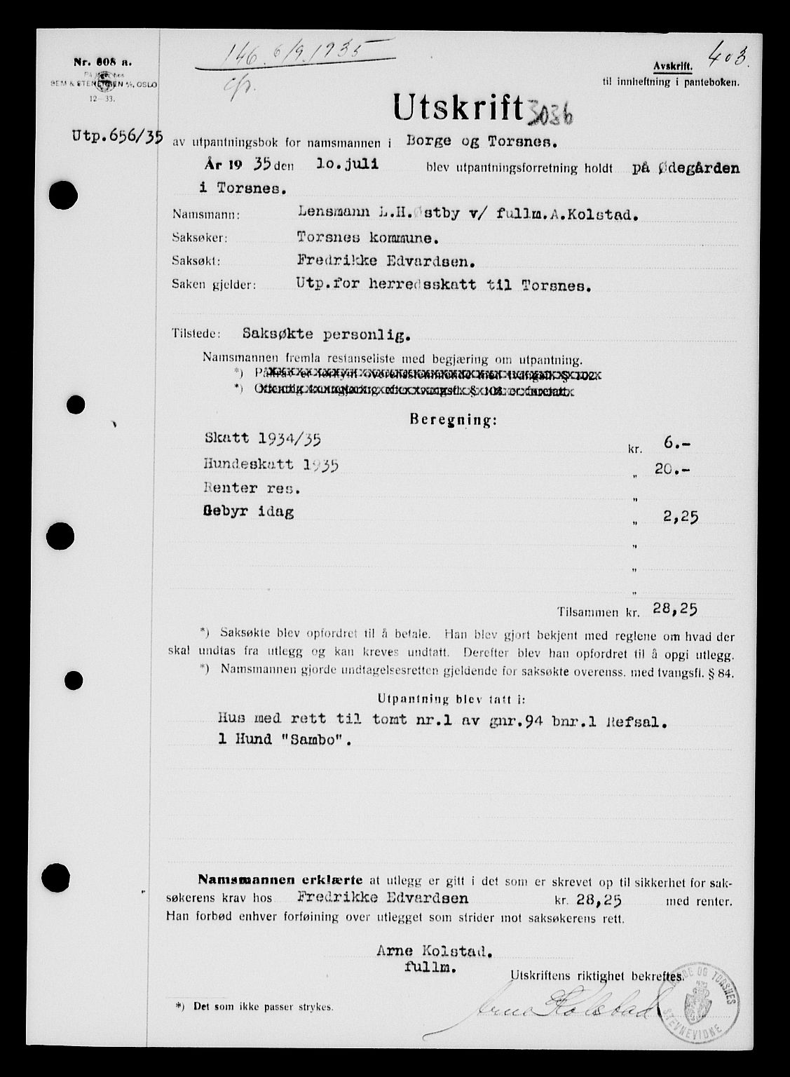 Tune sorenskriveri, AV/SAO-A-10470/G/Gb/Gbb/L0004: Mortgage book no. II 20-24, 1933-1935, Deed date: 06.09.1935