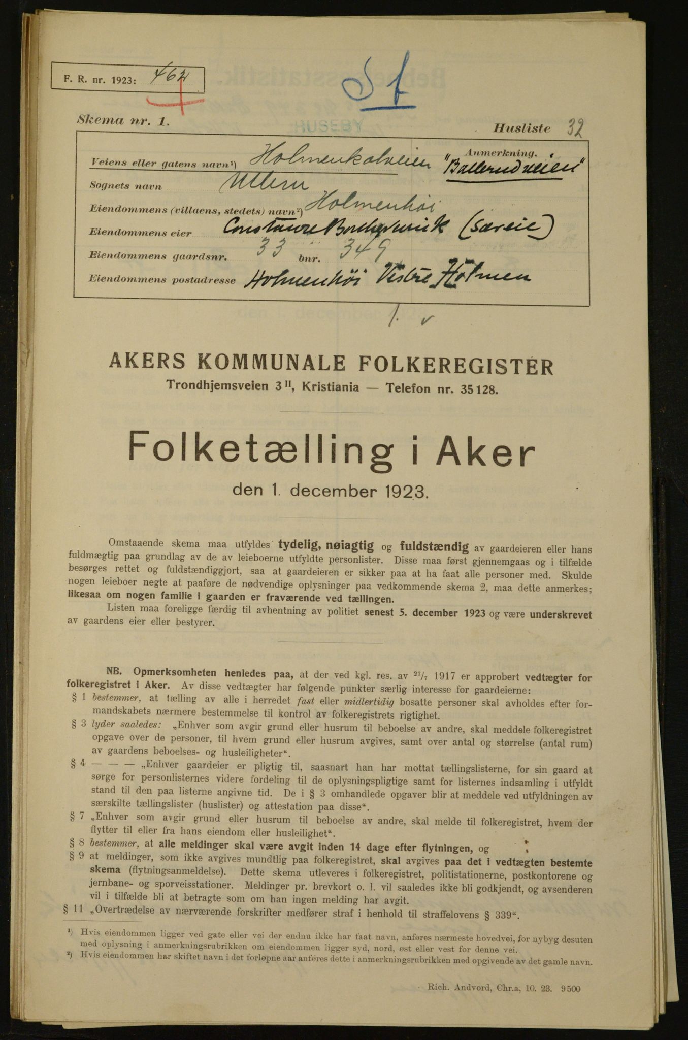 , Municipal Census 1923 for Aker, 1923, p. 2803