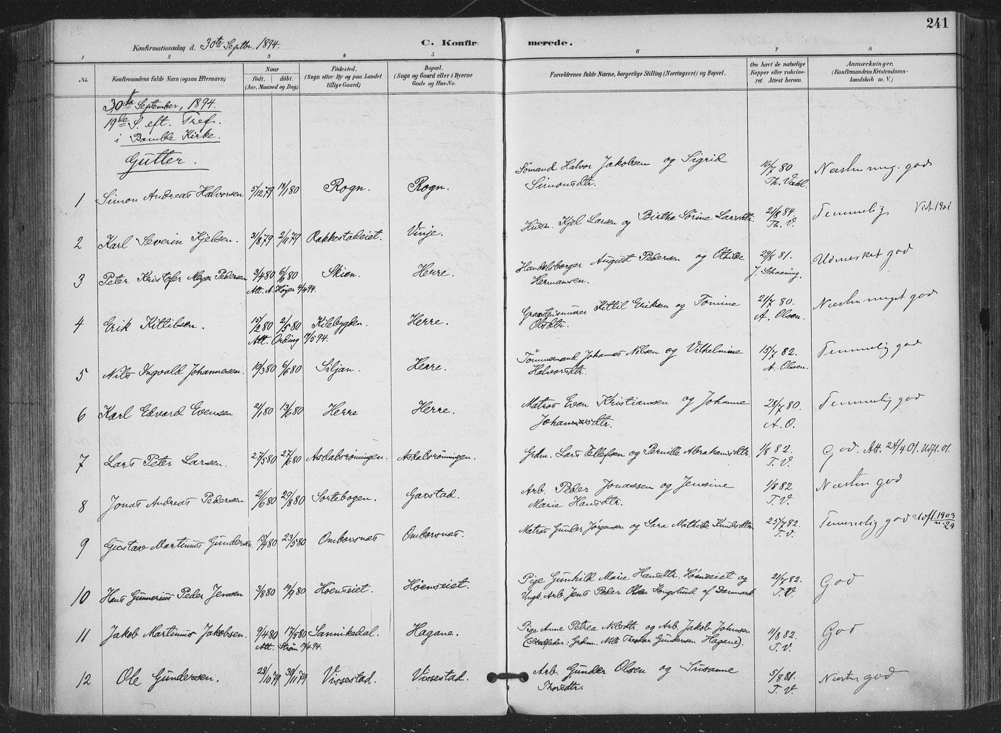 Bamble kirkebøker, AV/SAKO-A-253/F/Fa/L0008: Parish register (official) no. I 8, 1888-1900, p. 241