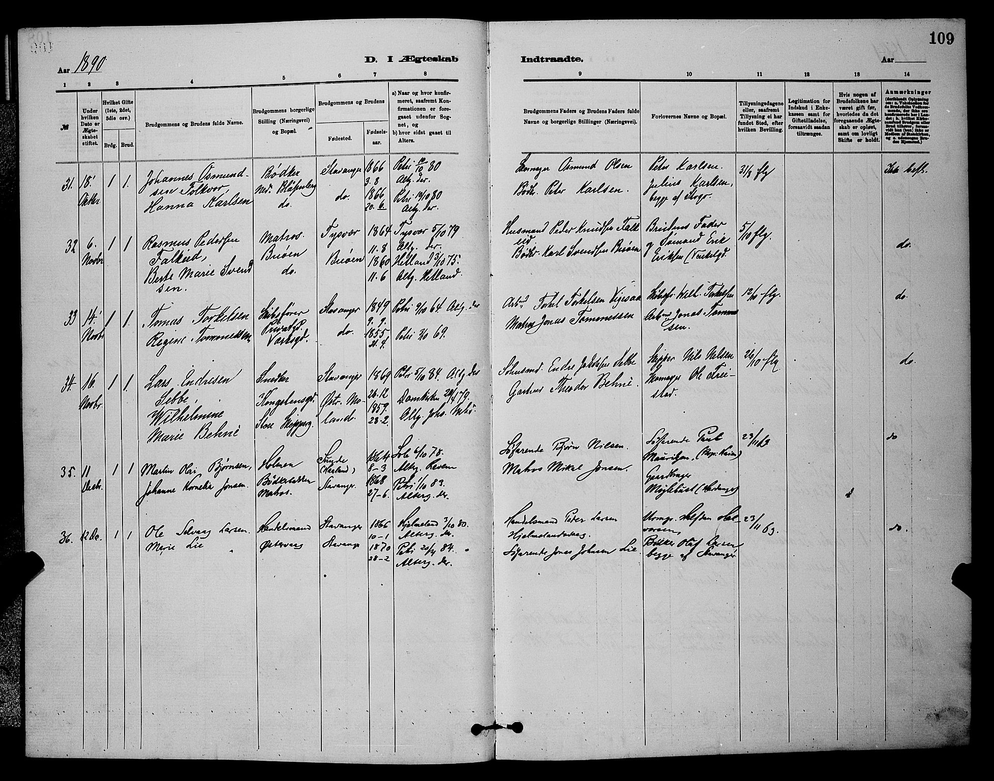 St. Johannes sokneprestkontor, AV/SAST-A-101814/001/30/30BB/L0001: Parish register (copy) no. B 1, 1885-1897, p. 109