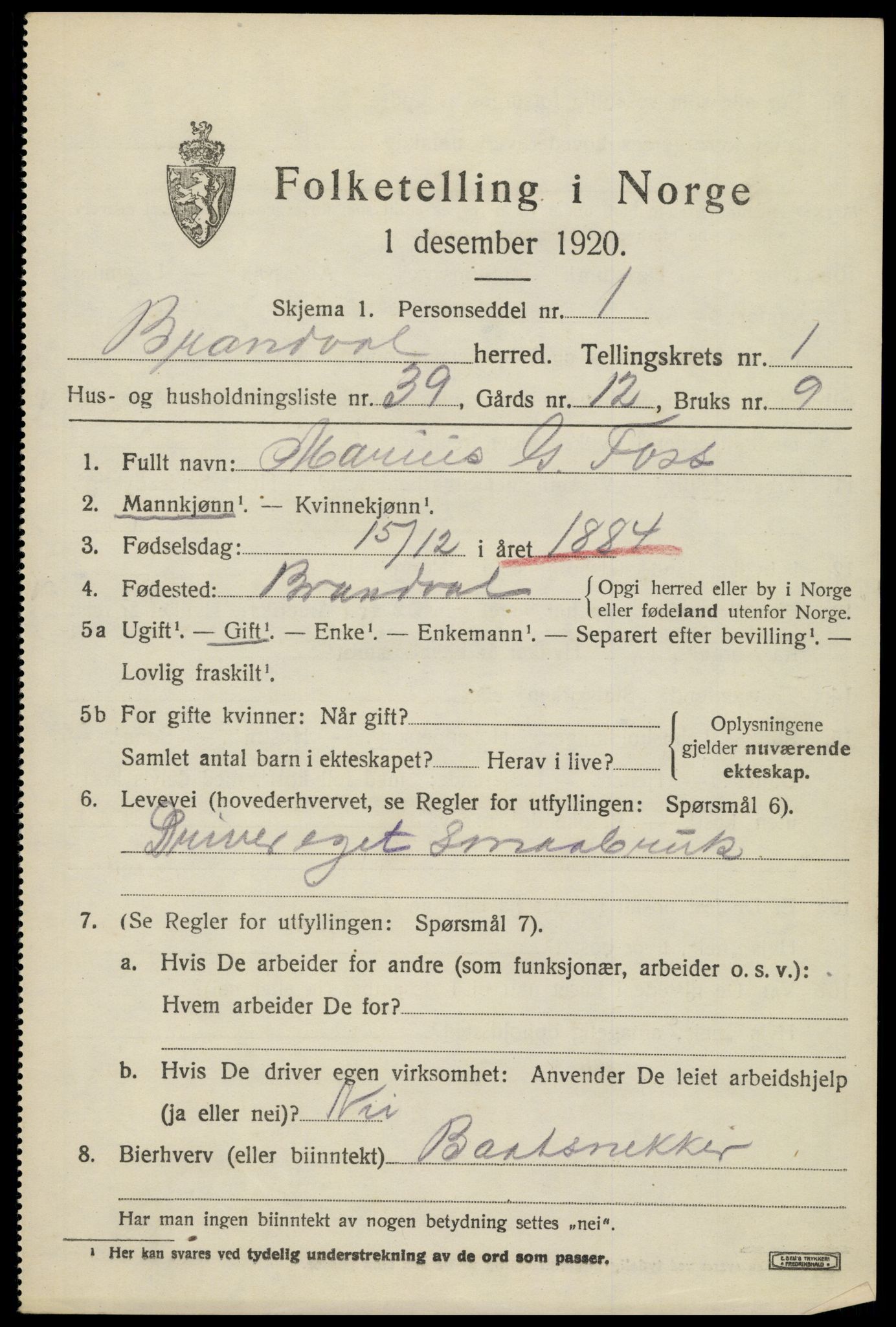 SAH, 1920 census for Brandval, 1920, p. 2012