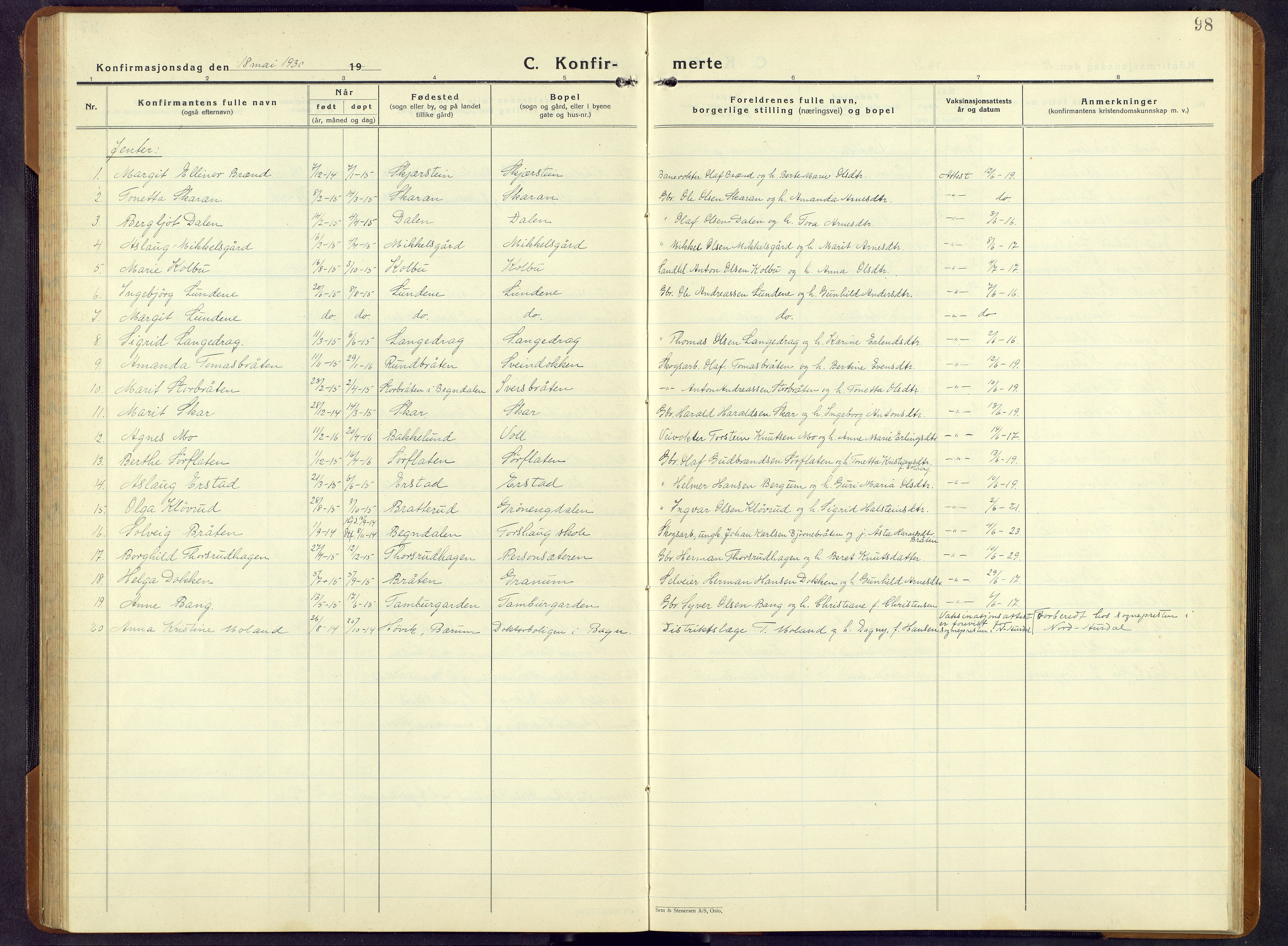 Sør-Aurdal prestekontor, AV/SAH-PREST-128/H/Ha/Hab/L0011: Parish register (copy) no. 11, 1922-1950, p. 98