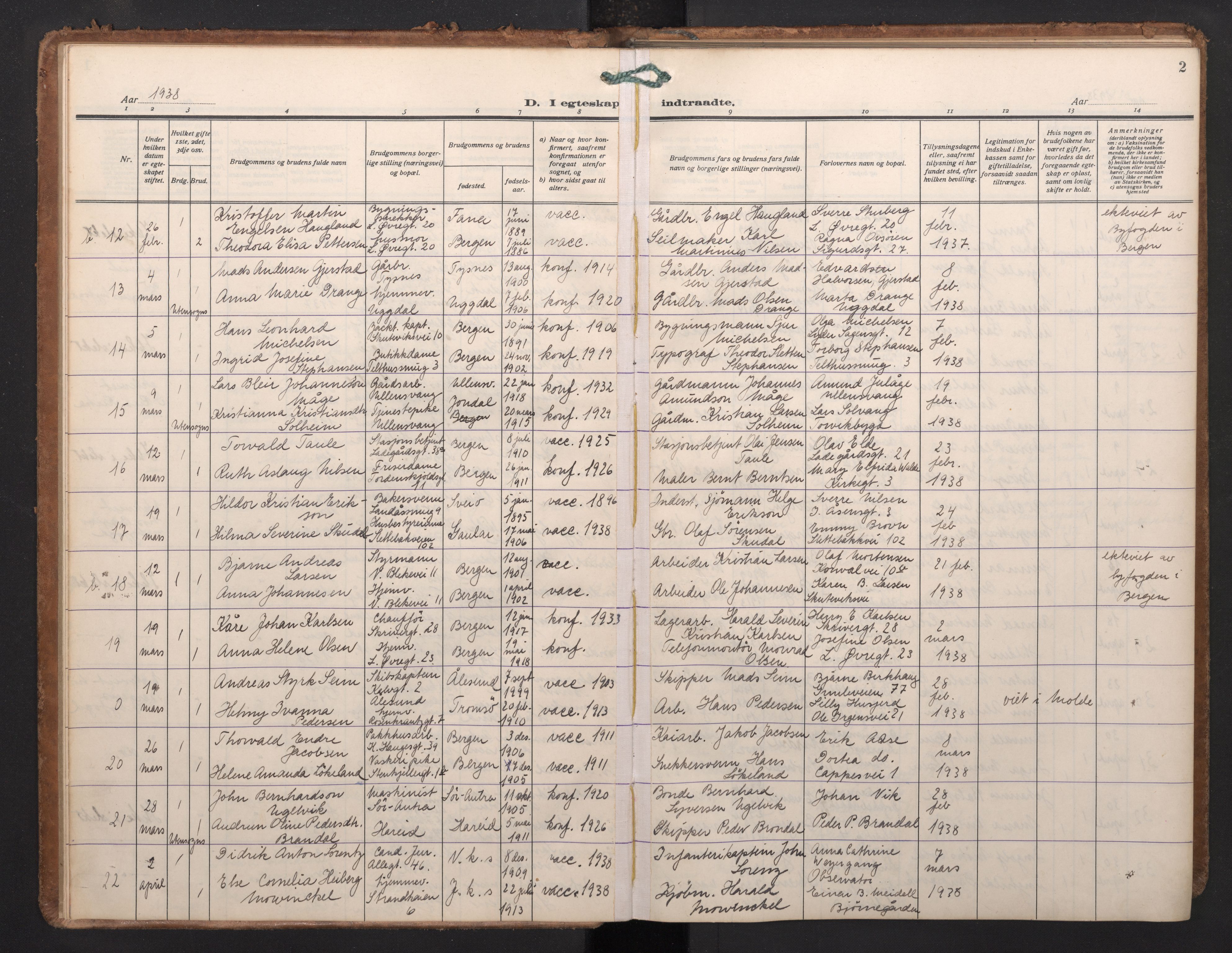 Korskirken sokneprestembete, AV/SAB-A-76101/H/Haa/L0040: Parish register (official) no. D 7, 1938-1952, p. 1b-2a