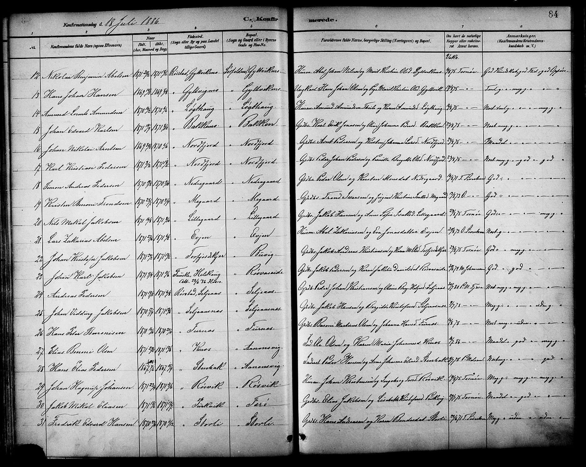 Ministerialprotokoller, klokkerbøker og fødselsregistre - Nordland, AV/SAT-A-1459/854/L0777: Parish register (official) no. 854A01 /1, 1883-1891, p. 84