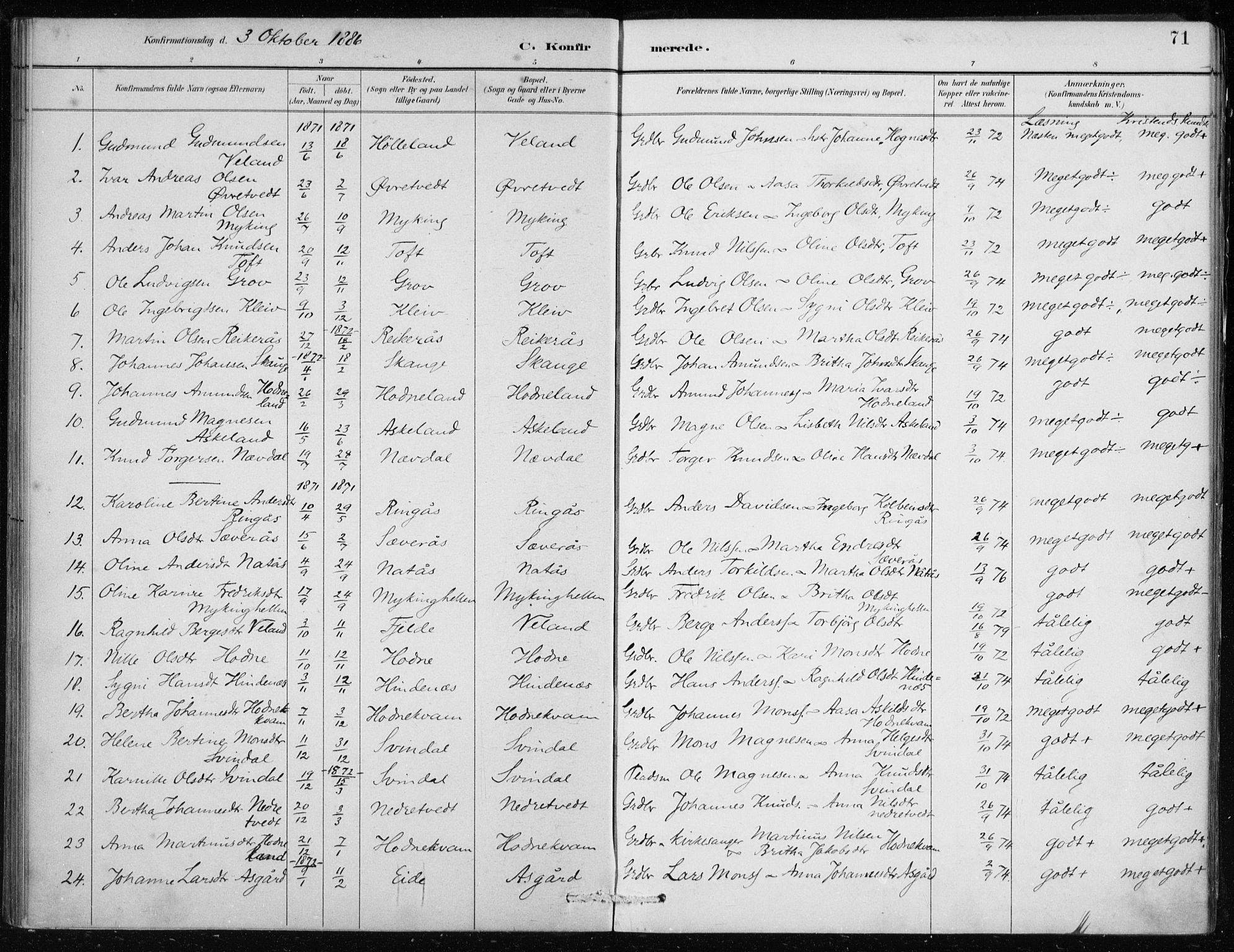 Lindås Sokneprestembete, SAB/A-76701/H/Haa: Parish register (official) no. F  1, 1886-1897, p. 71