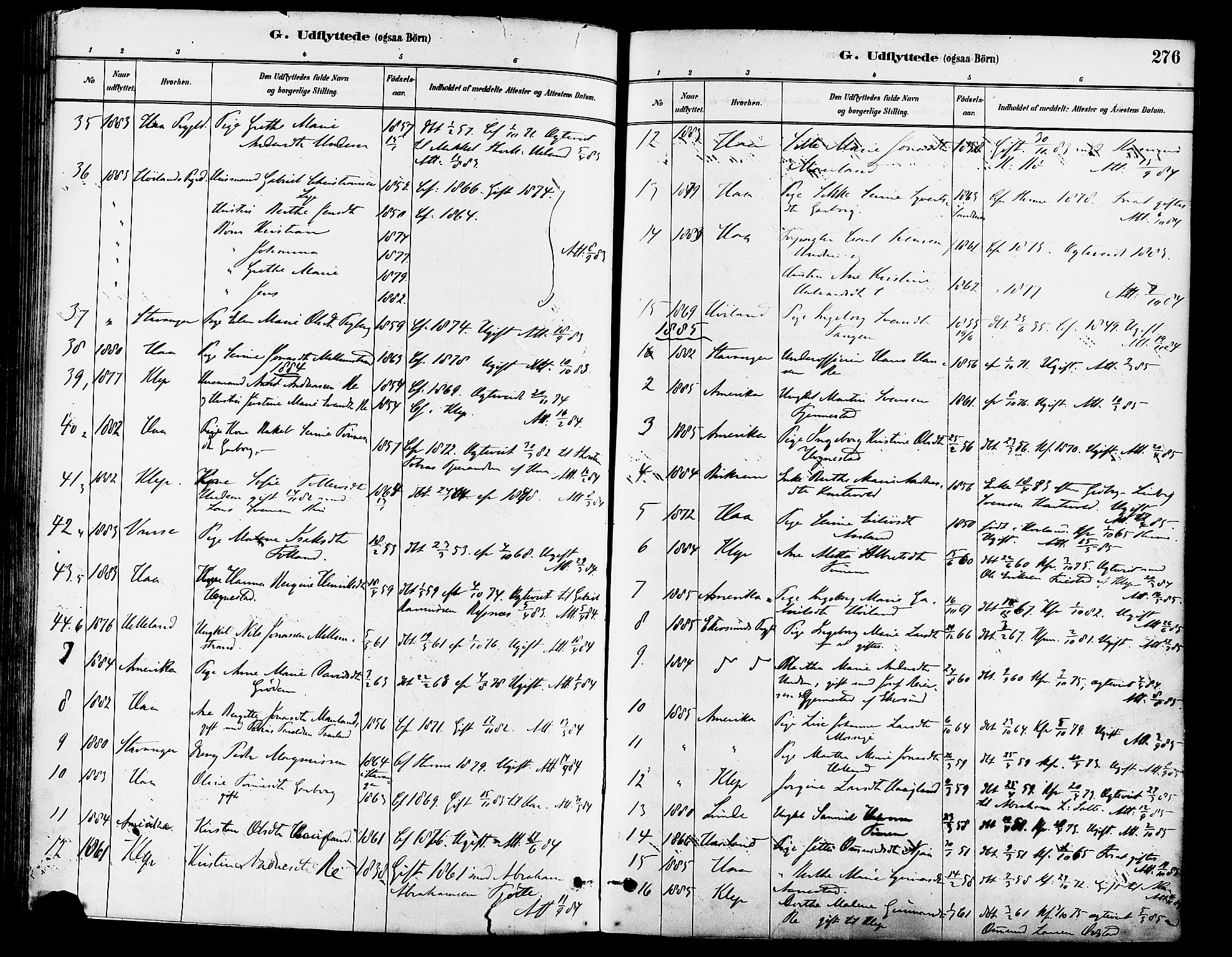 Lye sokneprestkontor, SAST/A-101794/001/30BA/L0009: Parish register (official) no. A 8, 1881-1892, p. 276
