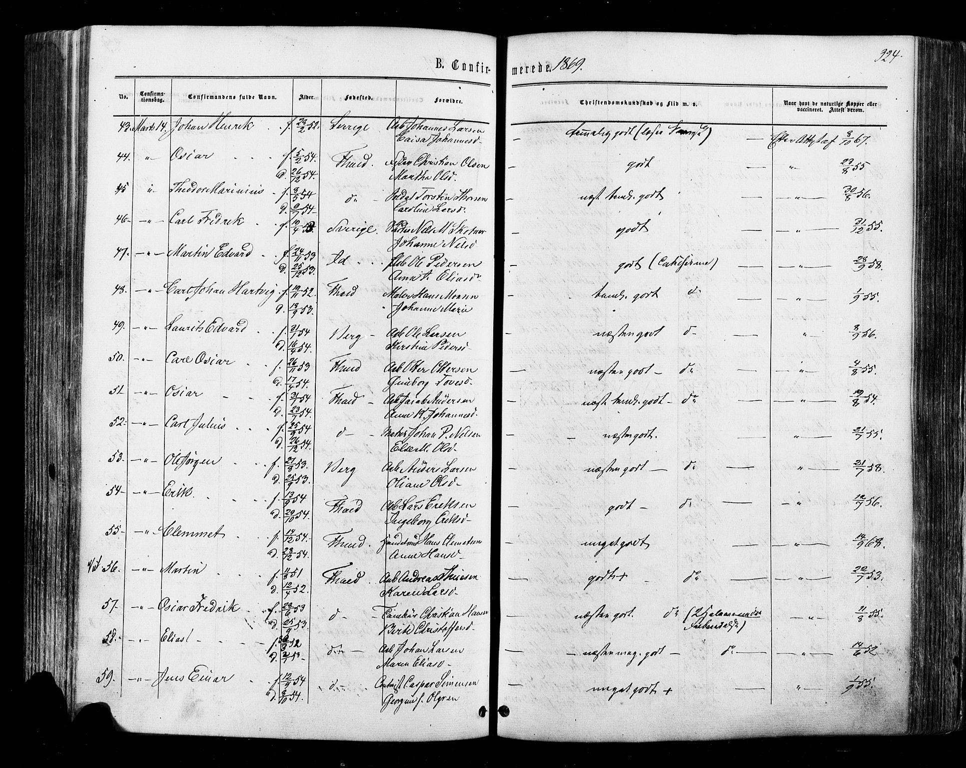 Halden prestekontor Kirkebøker, AV/SAO-A-10909/F/Fa/L0009: Parish register (official) no. I 9, 1866-1877, p. 324