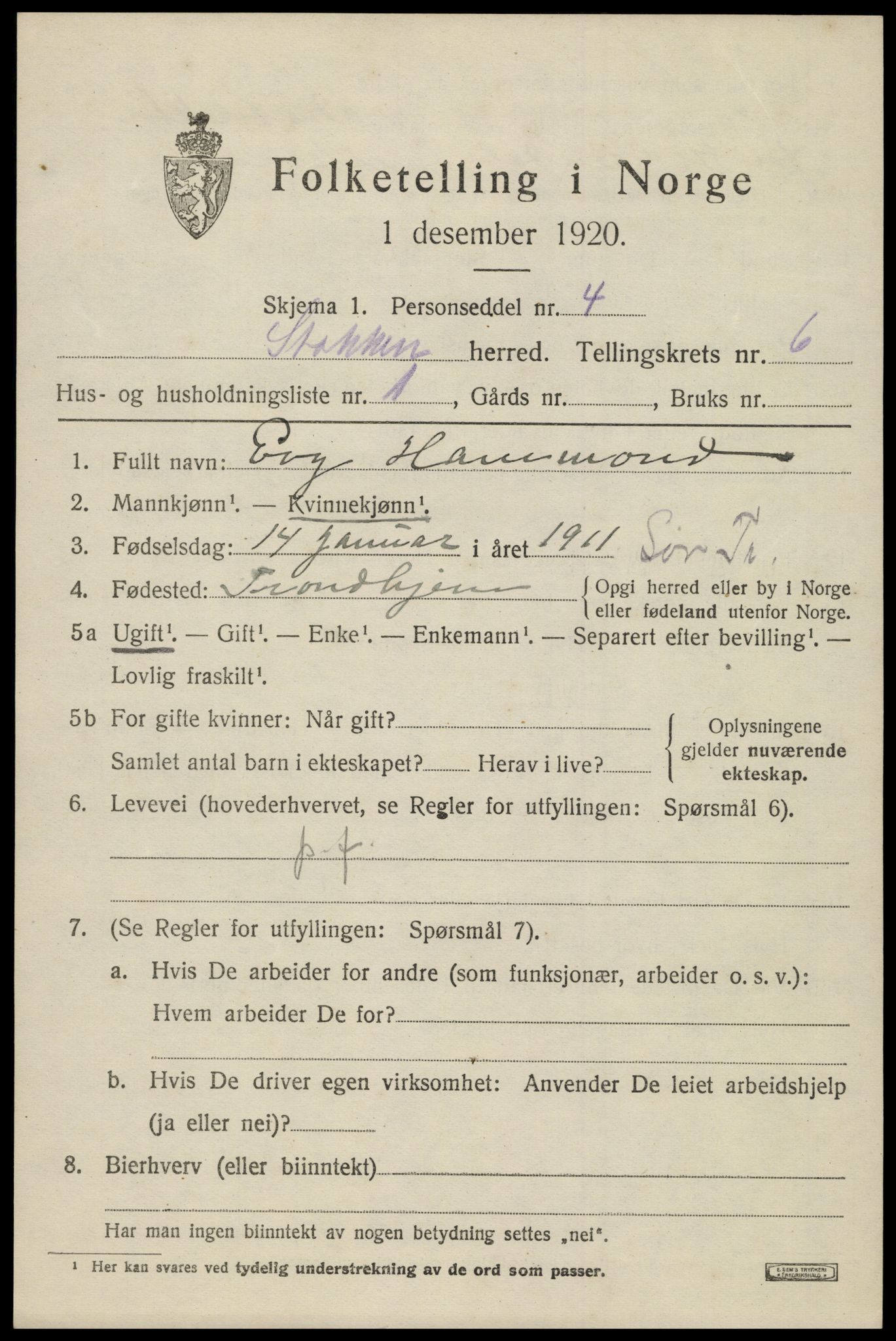 SAK, 1920 census for Stokken, 1920, p. 3718