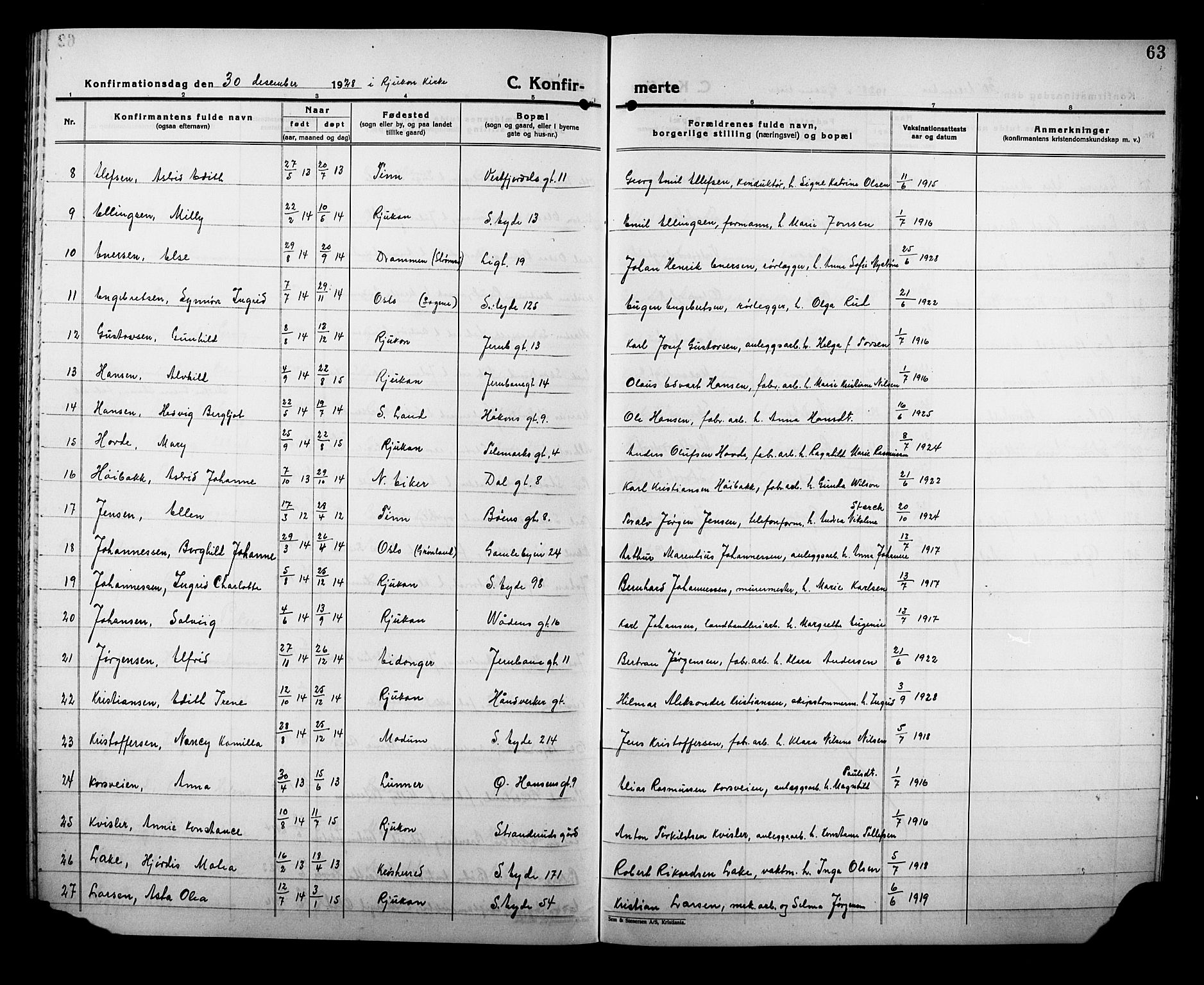 Rjukan kirkebøker, SAKO/A-294/G/Ga/L0004: Parish register (copy) no. 4, 1923-1932, p. 63