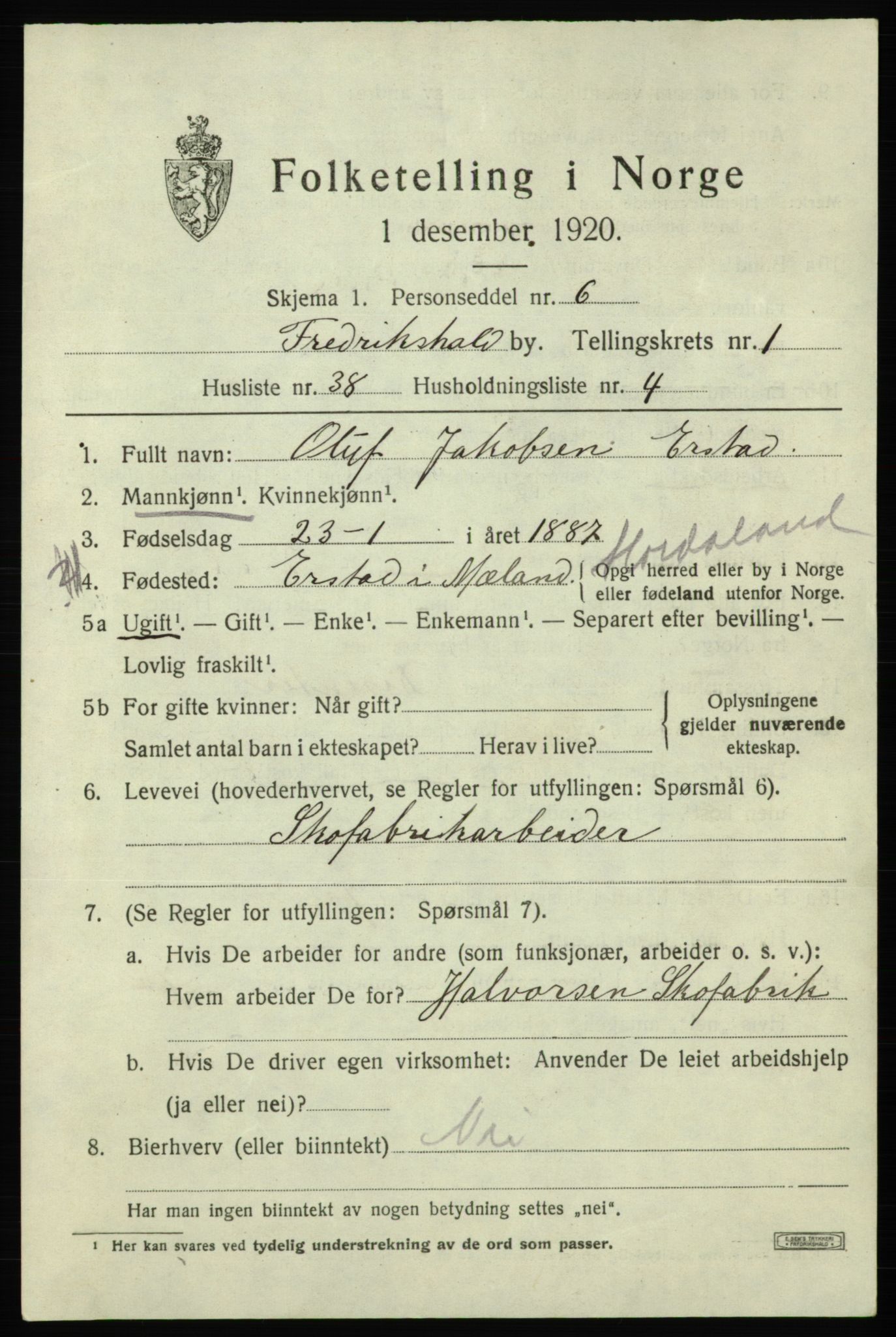 SAO, 1920 census for Fredrikshald, 1920, p. 8843